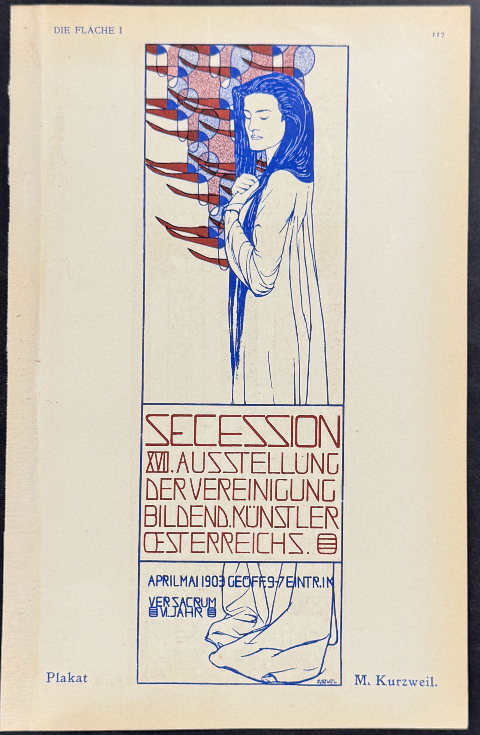 Die Flache by Kurzwell - Woman - Art Pochoir Illustration by M. Kurzweil: This bold art pochoir is from the scarce publication of the Vienna Secession's magazine entitled Die Flache. The work was edited by Felicien Myrbach and published by Schroll between 1902 and 1903. The