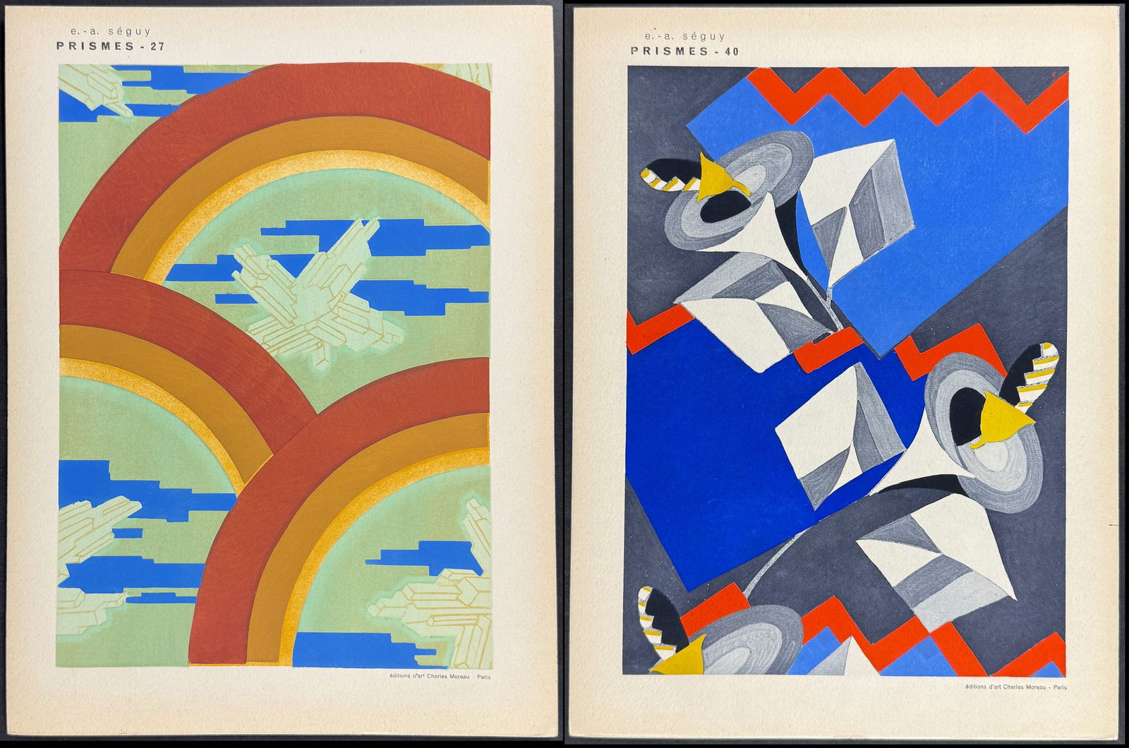 Seguy - 4 Pochoirs of Geometric Motif Designs: This stunning pochoir is from Emile-Allain Seguy's Prismes: 40 planches de Dessins at Coloris Nouveaux. The work was published in Paris in 1930 by Editions d?Art Charles Moreau. Emile-Allain Seguy (18