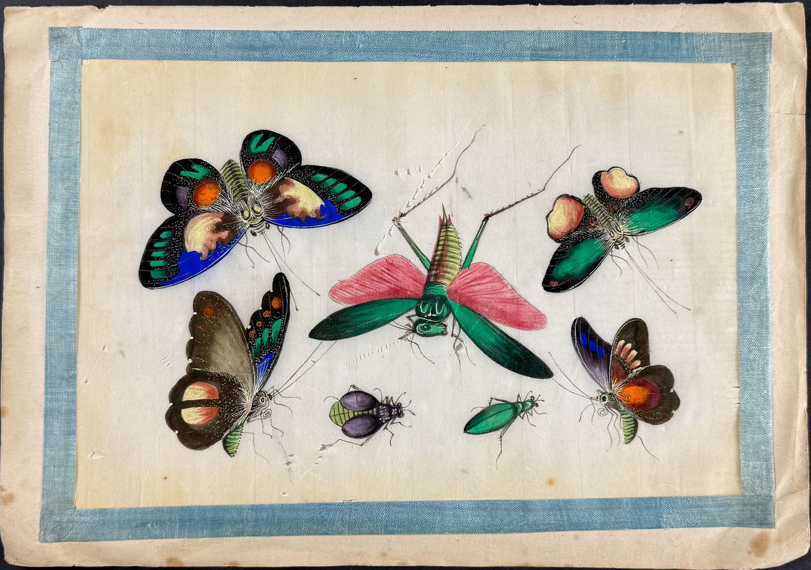 Original Chinese Watercolor of Butterflies or Moths & Insects: This is richly colored original painting with blue ribbon border. It was completed in China in the 1800s. Paper Size: ~ 11 1/2? by 9 1/2? Paper Type or Special Features: Original Painting
