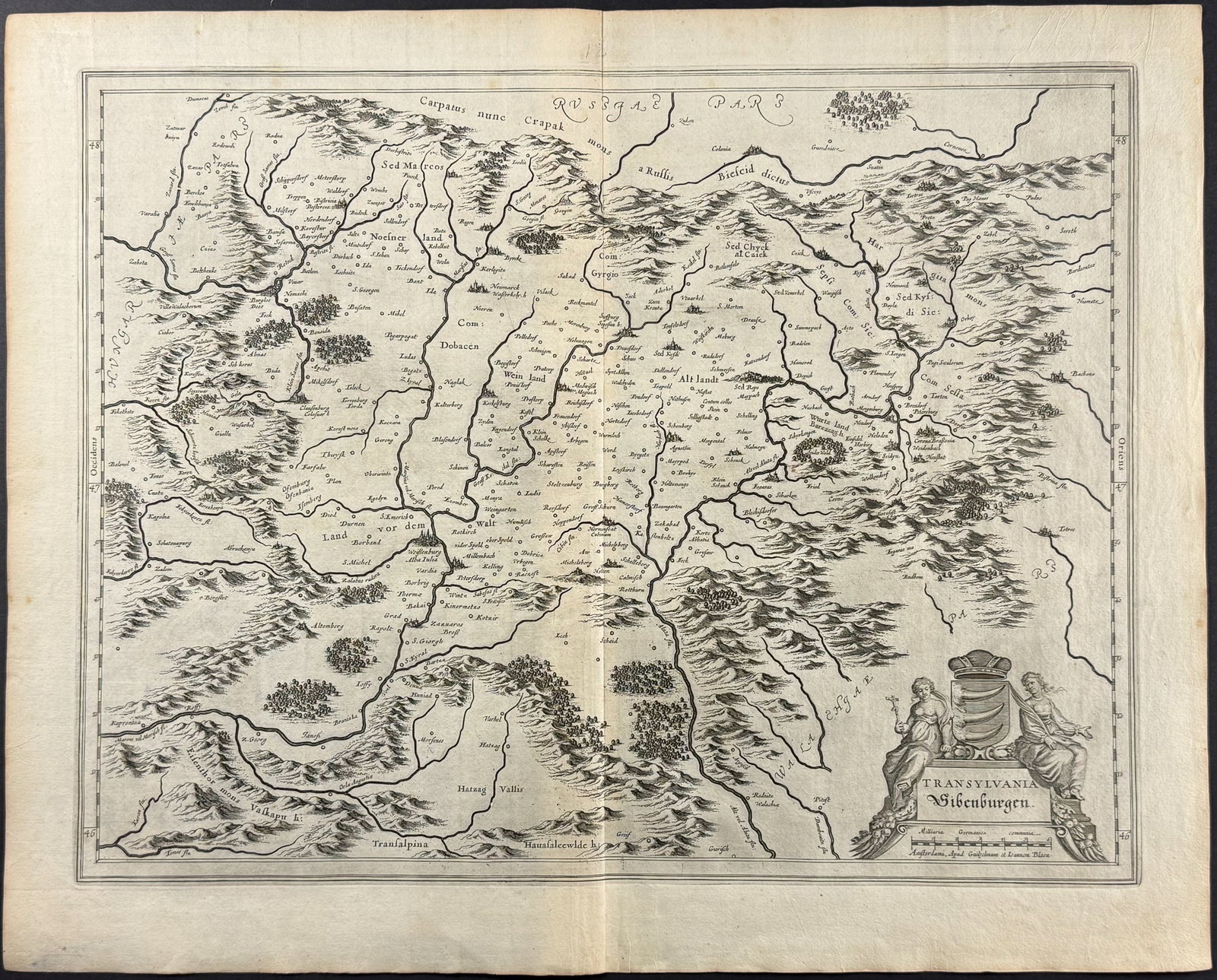Blaeu - Map of Transylvania, Romania: This historic map is from a composite atlas. It is from Willem Janszoon Blaeu & Joan (Johannes) Blaeu and published in Amsterdam between the 1640s and 1660s. Willem Janszoon Blaeu (1571-1638), Jan?s f