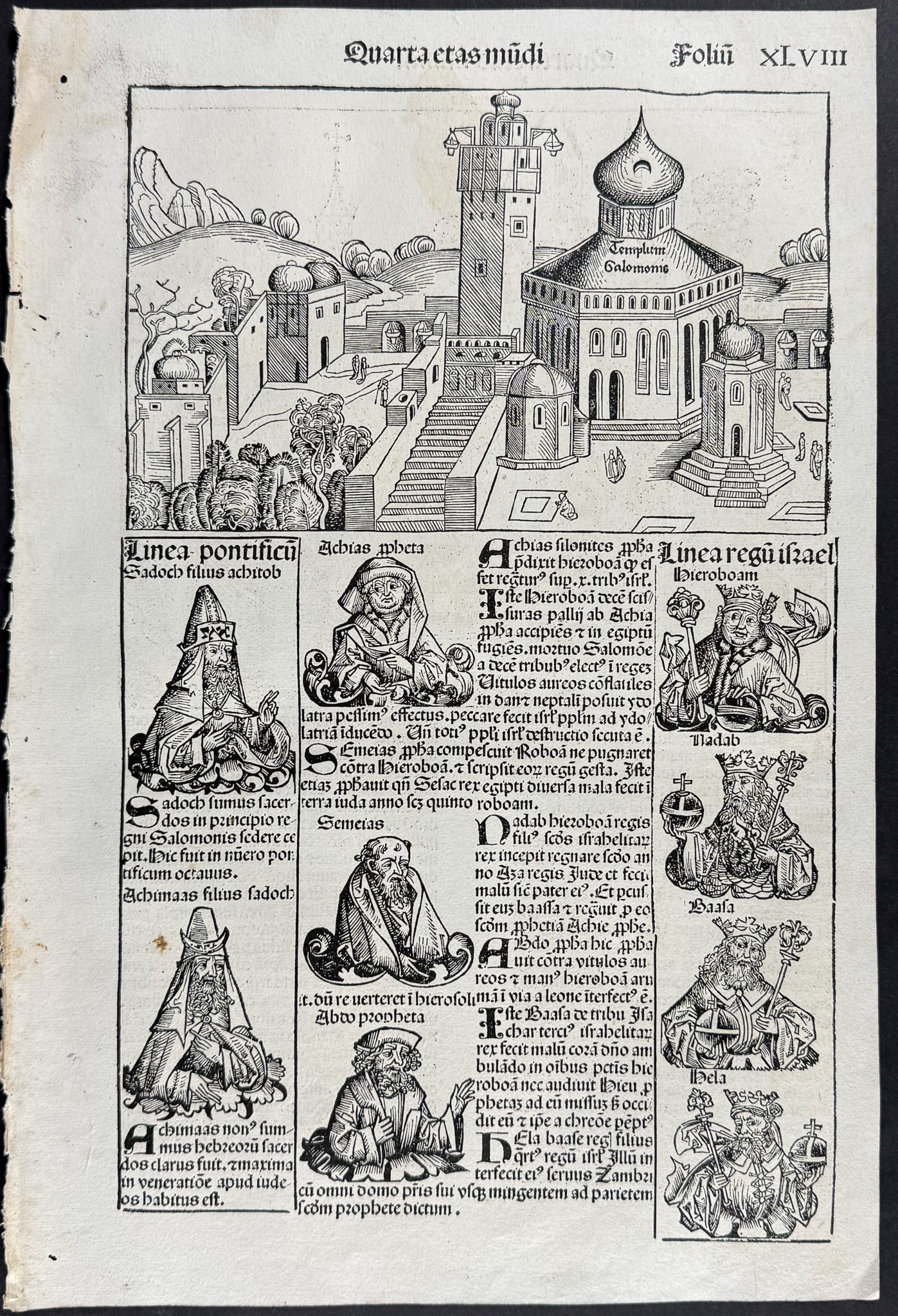Schedel, pub. 1493 - Temple of Solomon in Jerusalem with Popes & Israel Religious Figures / Verso: (1 of 2)
