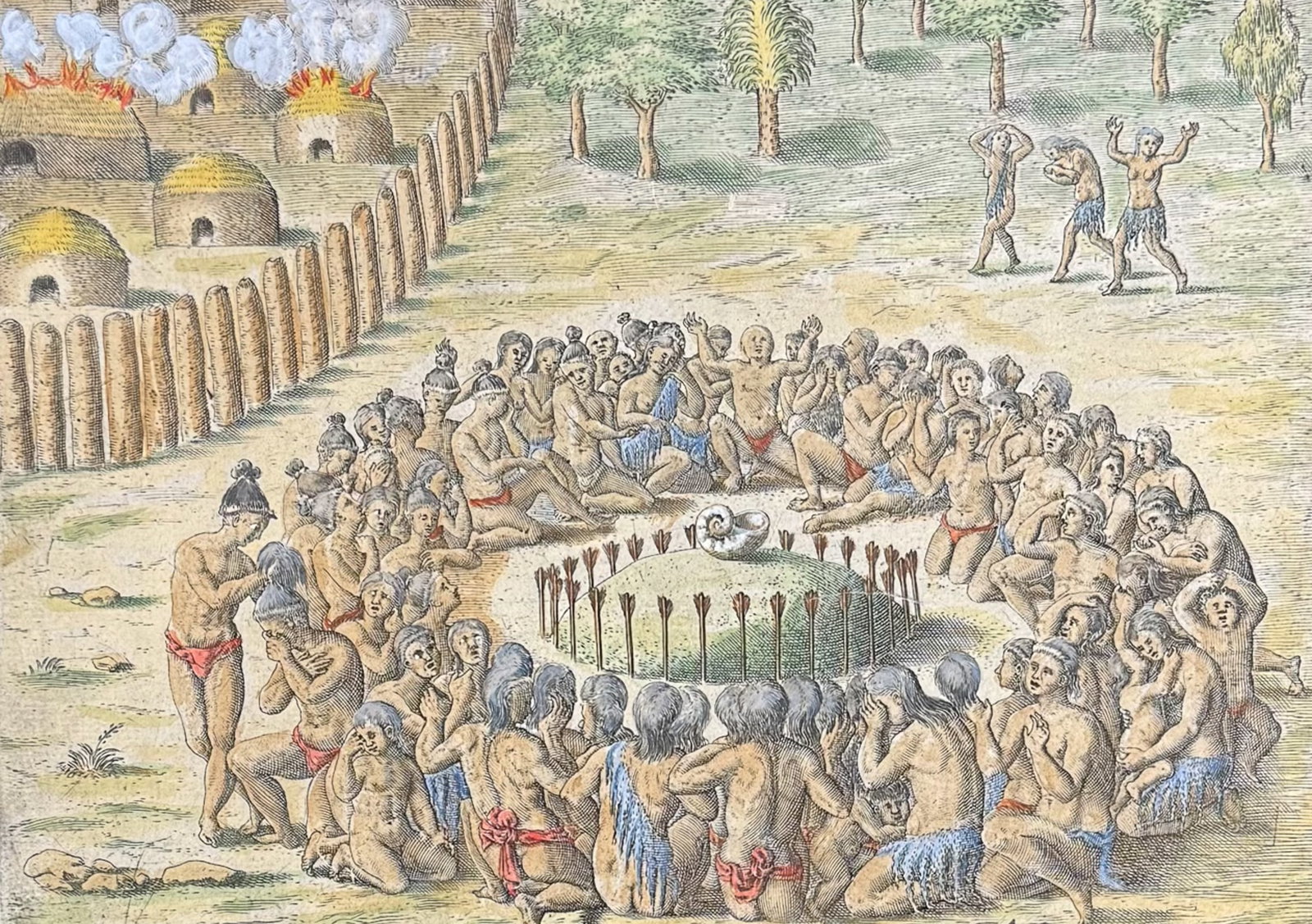 De Bry - Florida - Ceremonies at the death of a chief or priest (Nautilus Shell): This significant, historic engraving is from Theodor de Bry & Jacques Le Moyne's Brevis Narratio eorum quae in florida Americae provi[n]cia Gallis acciderunt ... quae est seconda pars Americae. It is