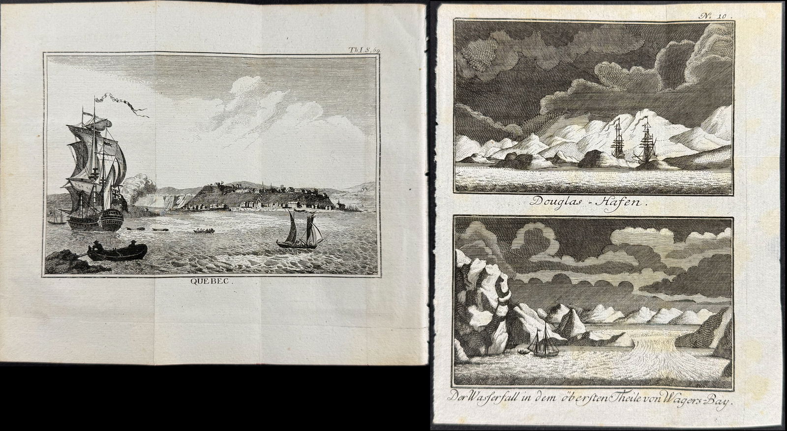 Ellis & Schlozer - 4 Engravings of Early America, Ships, Quebec: Three Engravings from Ellis: Description of the work: This historic map is from the rare German edition of Heinrich Ellis's A Voyage to Hudson's-Bay, by the Dobbs Galley and California, in the