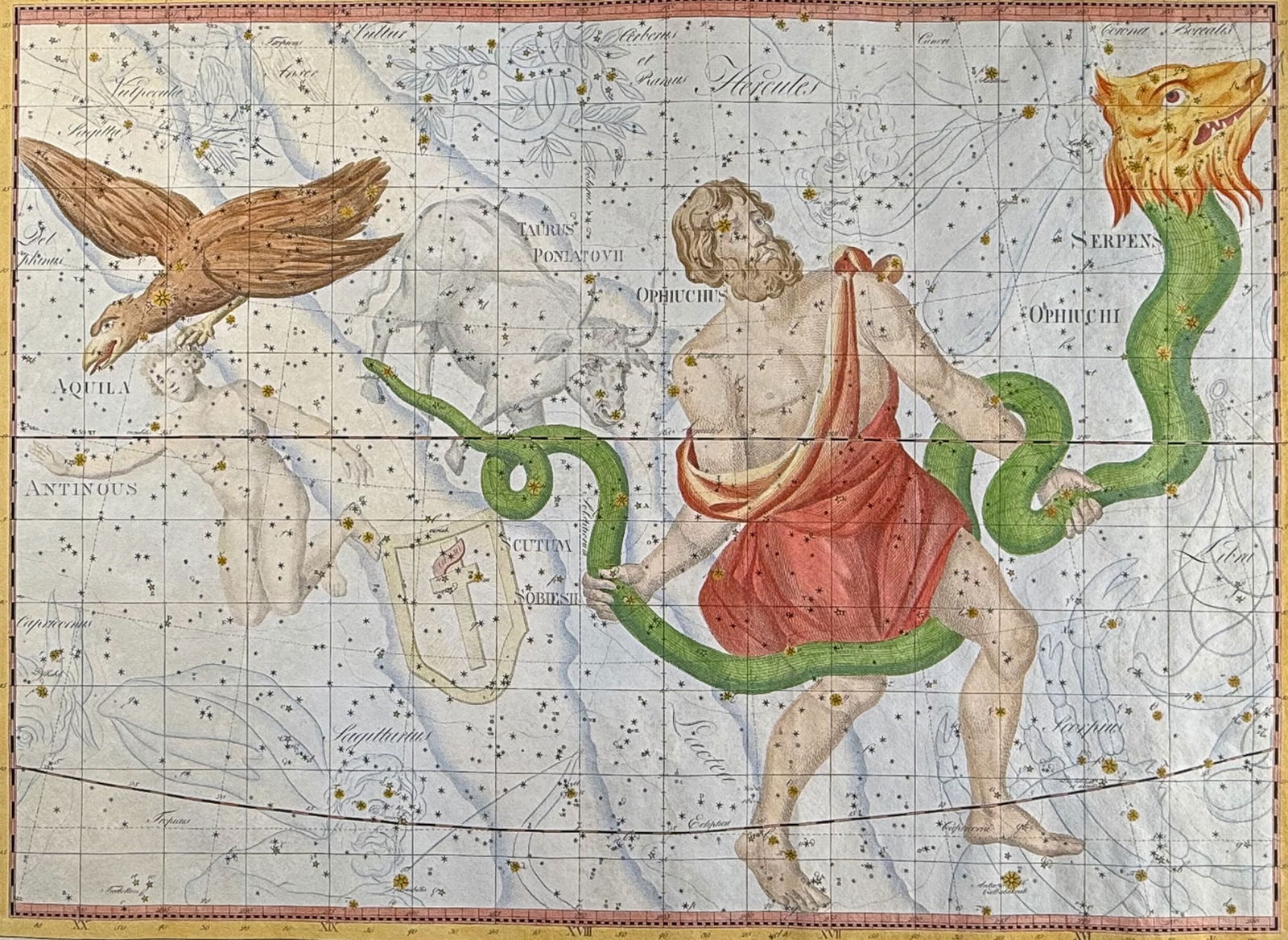Bode, Elephant Folio - Constellation or Star Chart of Ophiuchus (Serepent Bearer), Serpens, Aquila (1 of 2)