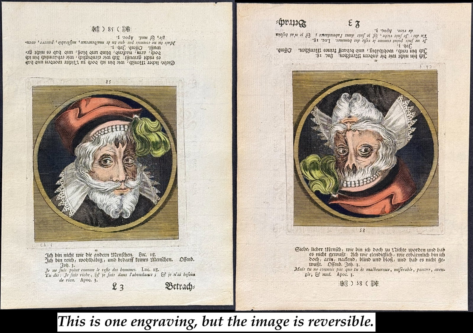 Merian - Dance of Death (Image is man in one direction, Skeleton when flipped): This rare and early engraving is from Matthaus Merian's La danse des morts .. Todten-Tanz, wie derselbe in der l?bl. u. Welt-ber?hmten Stadt Basel .. zu sehen ist or The Dance of the Dead... The Dance