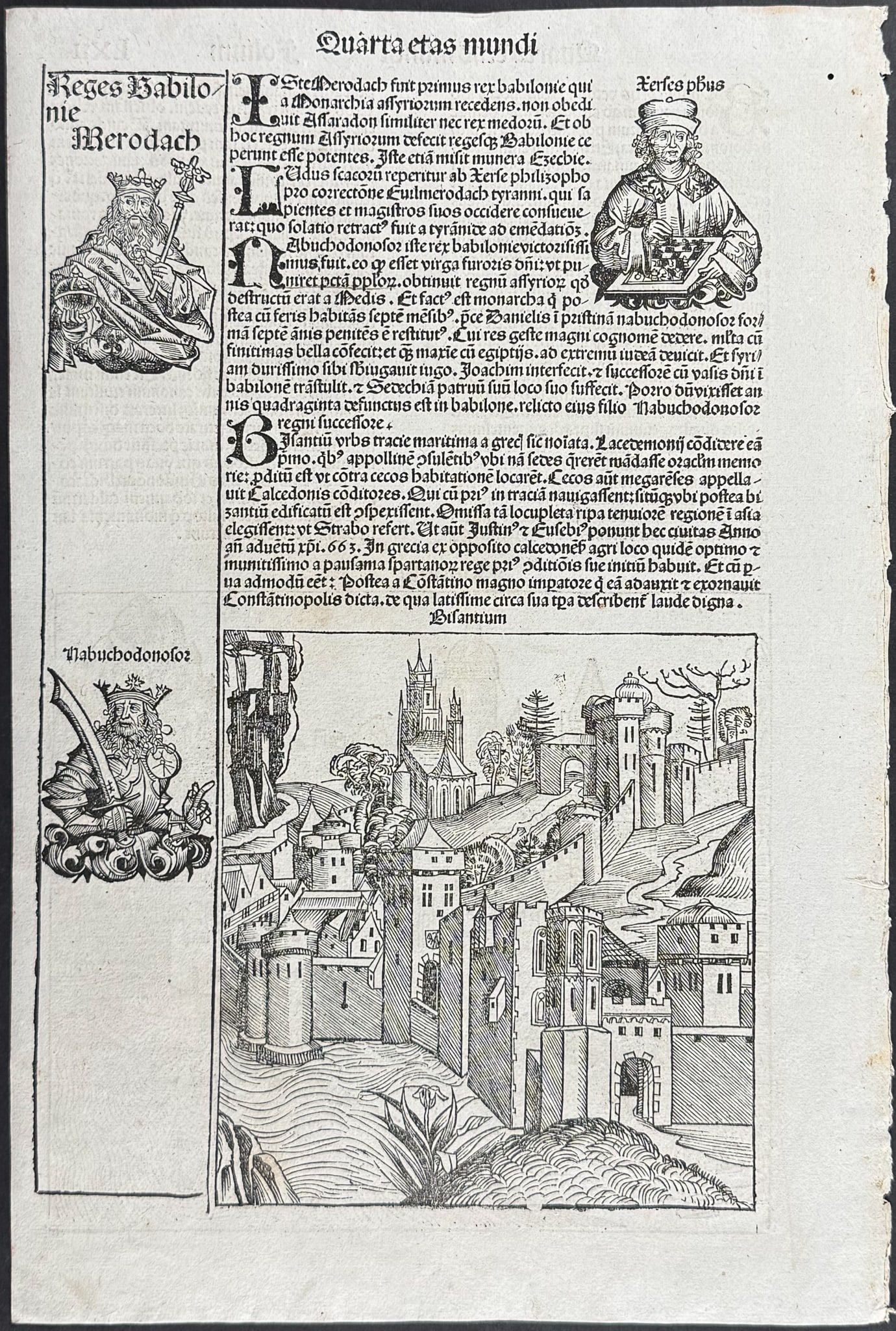 Schedel, pub. 1493 - View of Byzantium (Constantinople or Istanbul), Turkey / Verso: View of: This important and historic engraving is from Hartmann Schedel Liber Chronicarum, more commonly known as the Nuremberg Chronicle. This is the first edition / printing of the work. It is the Latin