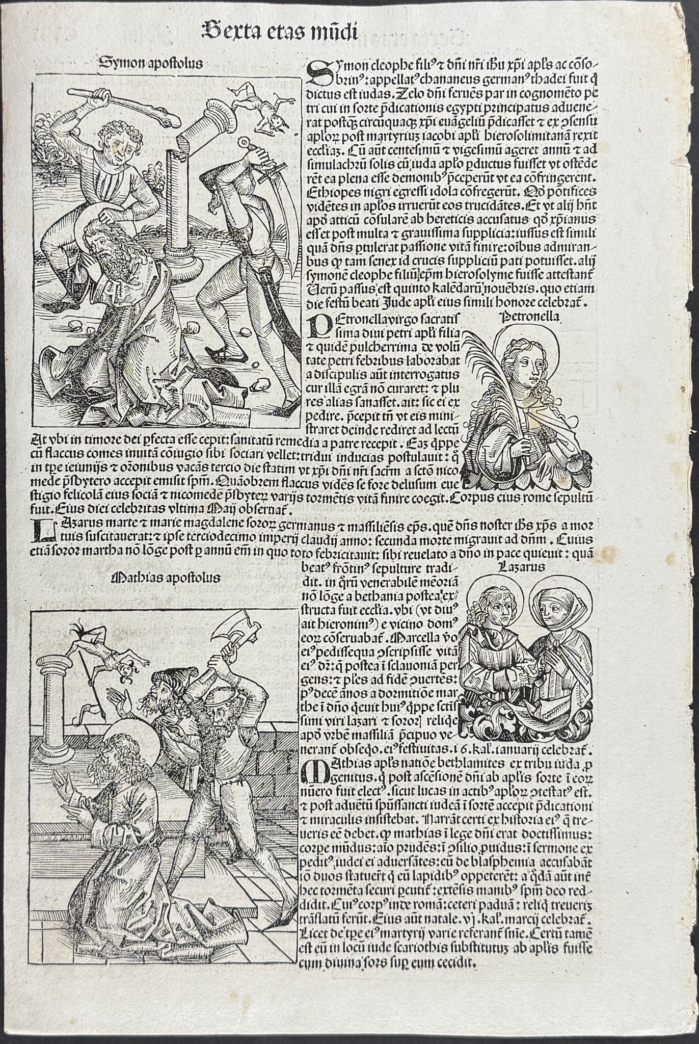 Schedel, pub. 1493 - Depictions of Saints & Apostles including Petronilla, Lazarus, & Matthias / (1 of 2)
