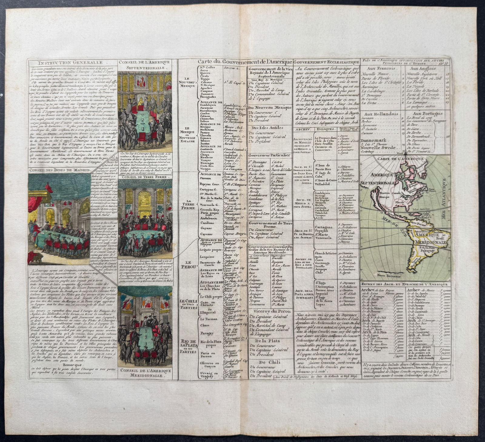 Chatelain - Map of the Americas and Insets of the Government of America: This originally hand-colored engraving is from Henri Abraham Chatelain's Atlas Historique. The work was published by the author in Amsterdam between 1718 and 1720. The text was compiled by