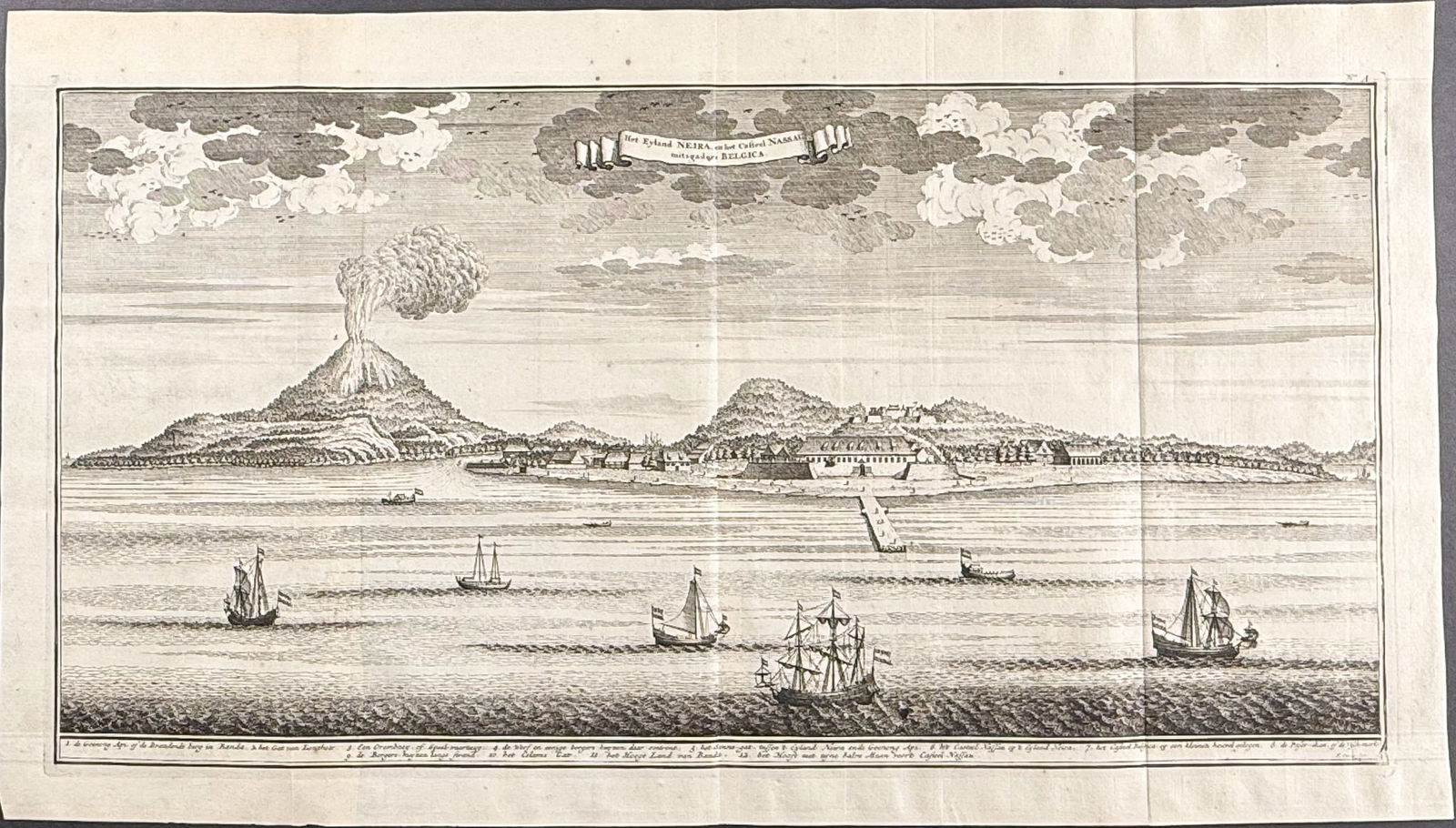 Valentijn - View of Spice Island Banda Neira with Fort Nassau, Indonesia: This remarkable engraving is from Francois Valentijn's Oud en Nieuw Oost Indien. The work was published between 1724 and 1726 in Dordrecht, Netherlands. The work described the history of the Dutch