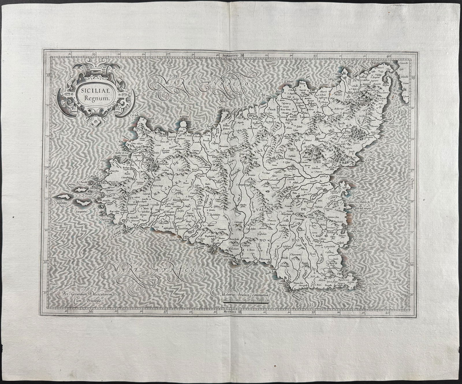 Ortelius, pub. 1580 - Map of Sicily: This stunning folio map is from the rare German edition Abraham Ortelius's Theatrum orbis terrarum or Theatrum oder Schawbuch des Erdtkreijs. The work was published in 1584 in Antwerp by Plantin. 