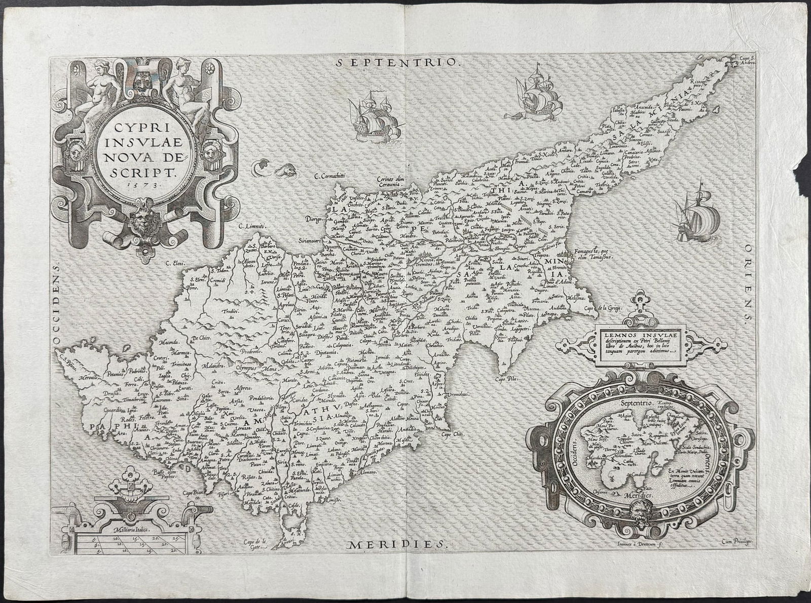 Ortelius, pub. 1580 - Map of Cyprus: This stunning folio map is from the rare German edition Abraham Ortelius's Theatrum orbis terrarum or Theatrum oder Schawbuch des Erdtkreijs. The work was published in 1584 in Antwerp by Plantin. 