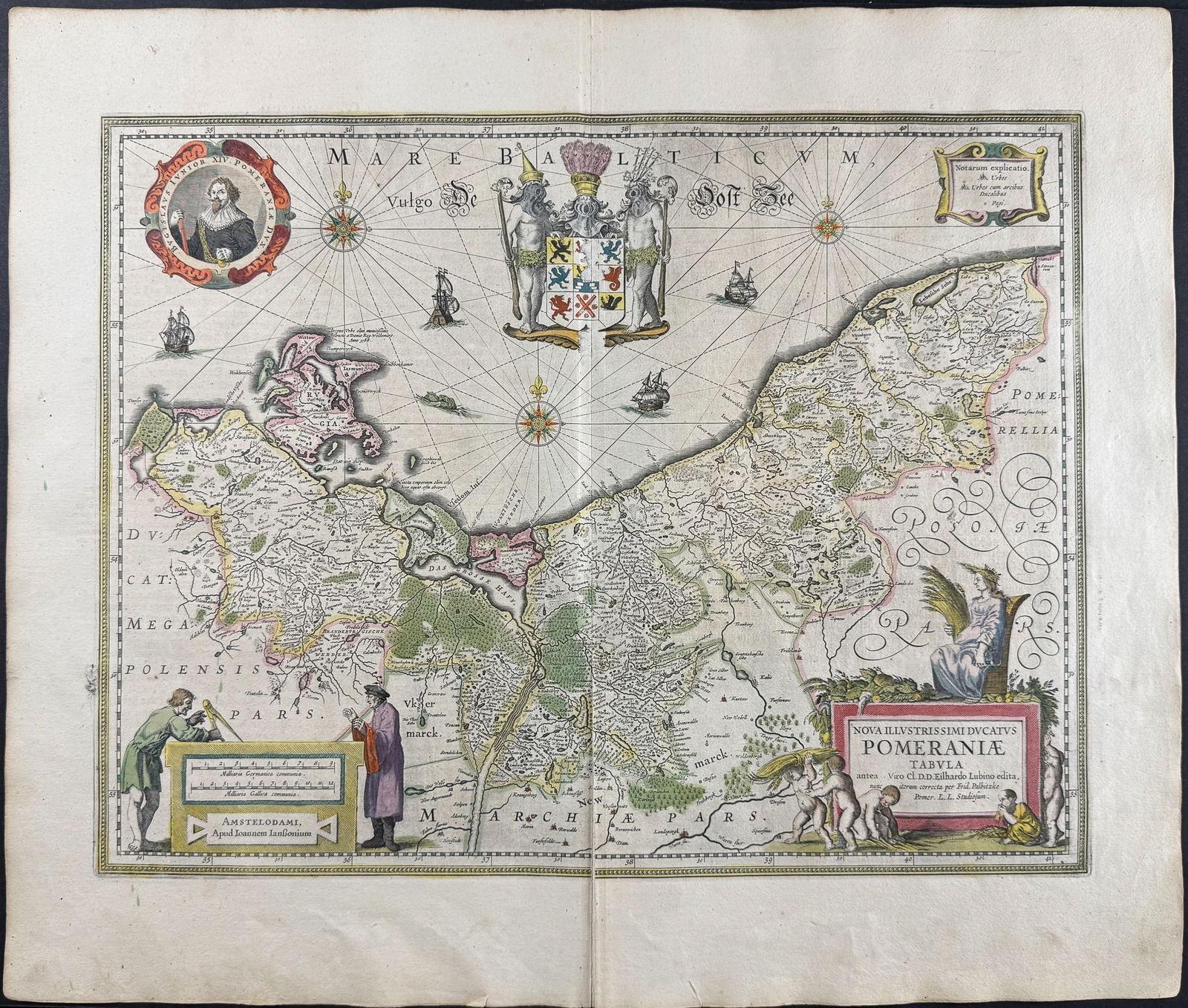Jansson & Hondius, pub. 1656 - Map of Pomerania: This handsome, originally hand-colored map is from Jan Jansson's Novus Atlas, Das ist, Welt-beschreibung mit schonen newen auBfuhrlichen Taffeln inhaltende die Konigreiche und Lander des gantzen