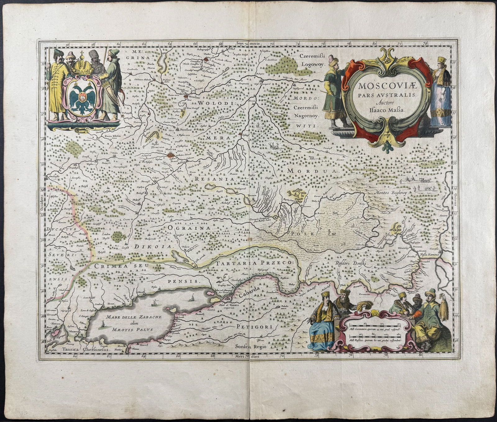 Jansson & Hondius, pub. 1656 - Map of Moscow, Russia: This handsome, originally hand-colored map is from Jan Jansson's Novus Atlas, Das ist, Welt-beschreibung mit schonen newen auBfuhrlichen Taffeln inhaltende die Konigreiche und Lander des gantzen
