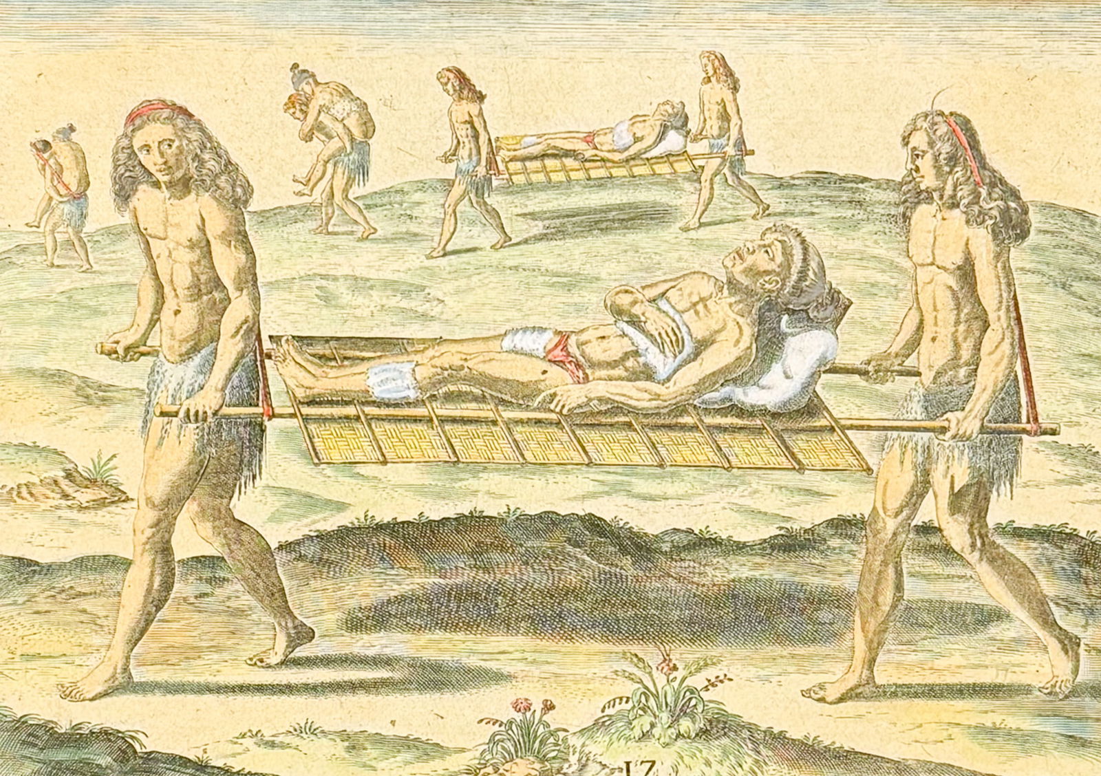 De Bry - Florida - Manner in which their hermaphrodites are employed (Stretchers): This significant, historic engraving is from Theodor de Bry & Jacques Le Moyne's Brevis Narratio eorum quae in florida Americae provi[n]cia Gallis acciderunt ... quae est seconda pars Americae. It