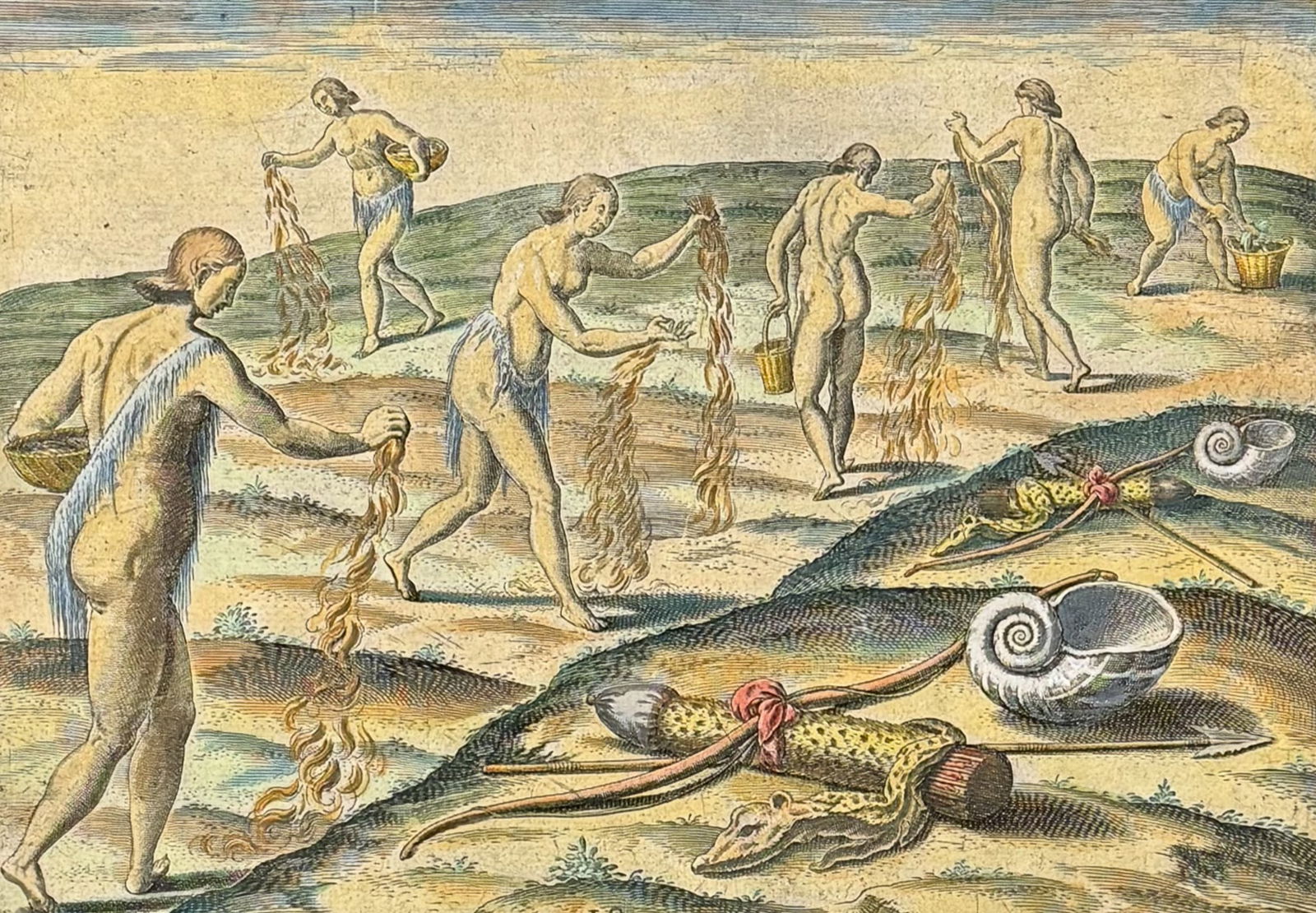 De Bry - Florida - Ceremonies of women mourning for their deceased husbands: This significant, historic engraving is from Theodor de Bry & Jacques Le Moyne's Brevis Narratio eorum quae in florida Americae provi[n]cia Gallis acciderunt ... quae est seconda pars Americae. It