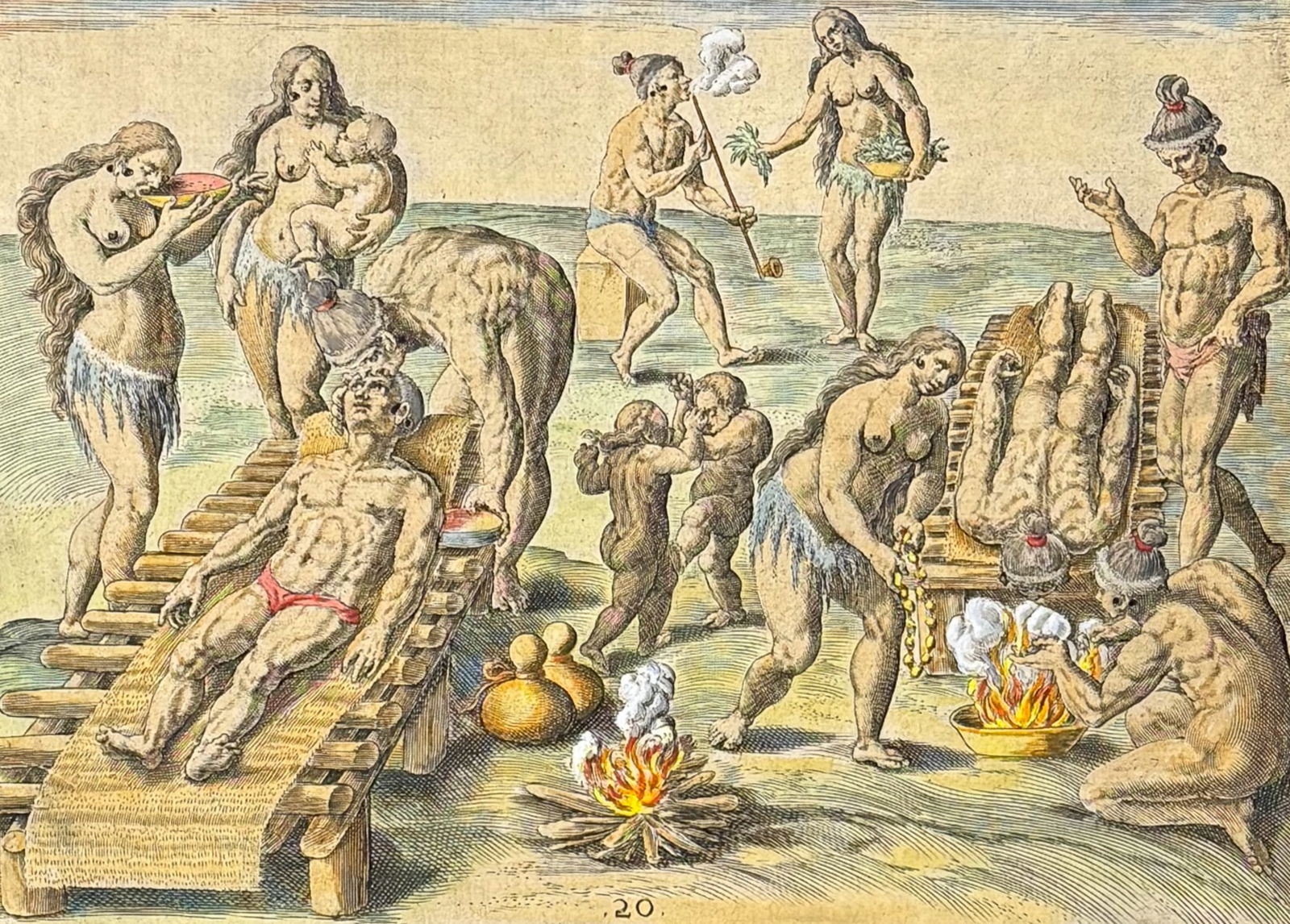 De Bry - Florida - Way of treating the sick: This significant, historic engraving is from Theodor de Bry & Jacques Le Moyne's Brevis Narratio eorum quae in florida Americae provi[n]cia Gallis acciderunt ... quae est seconda pars Americae. It