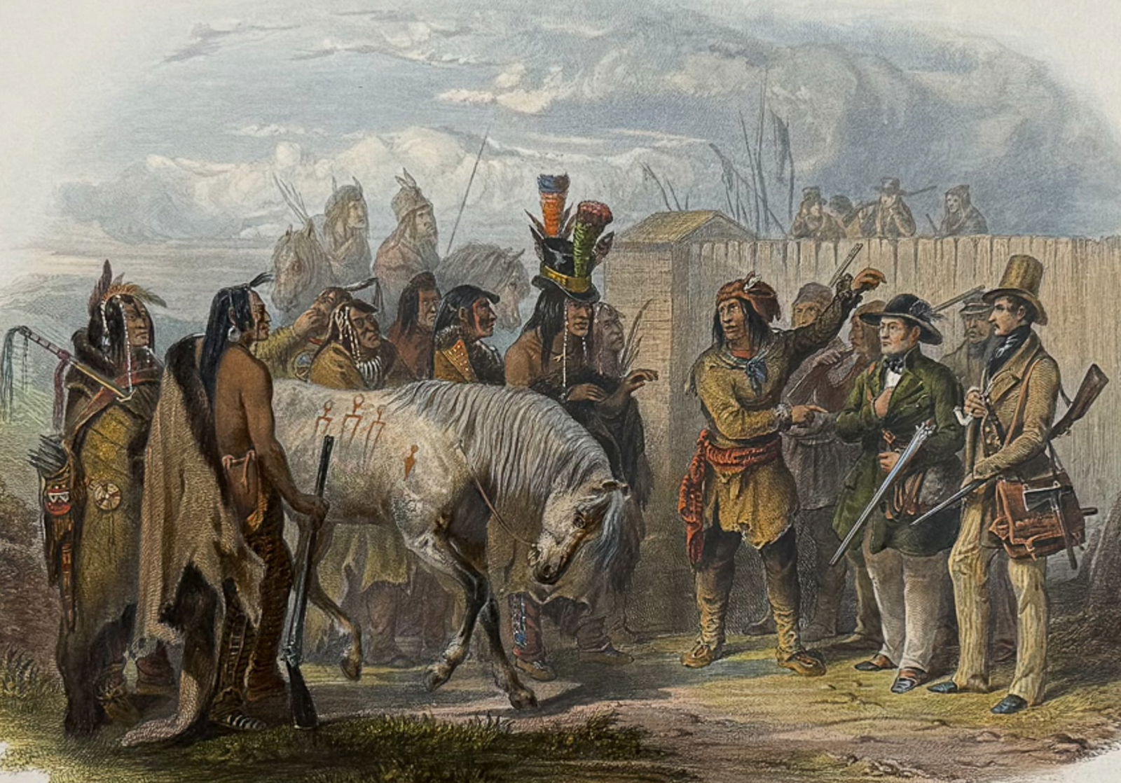 Karl Bodmer - The Travellers Meeting with Minatarre Indians near Fort Clark (Bodmer is shown in the: This rare aquatint engraving is from Karl Bodmer's Travels in the Interior of North America or Voyage Dans l?Int?rieur De l?Am?rique Du Nord Execut? Pendant les Ann?es 1832, 1833 et 1834. The work
