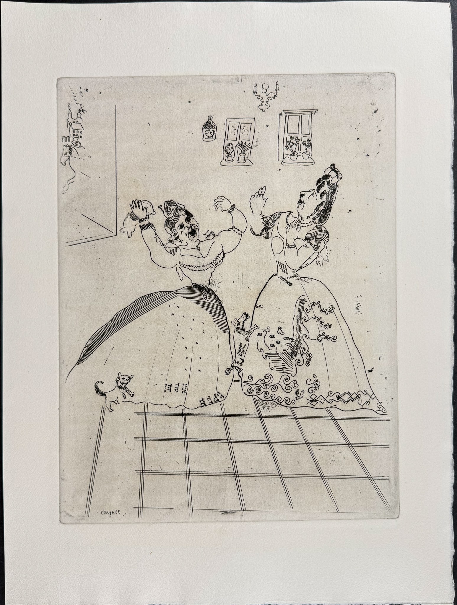 Chagall - Charming Ladies and Charming in Every Way - Dames Charmante et Charmante a Tous Egard: This beautifully illustrated, original etching by Marc Chagall was part of Nikolai Gogol's Les Ames Mortes. The work was published in Paris by Teriade in 1948. This was a limited edition of 368