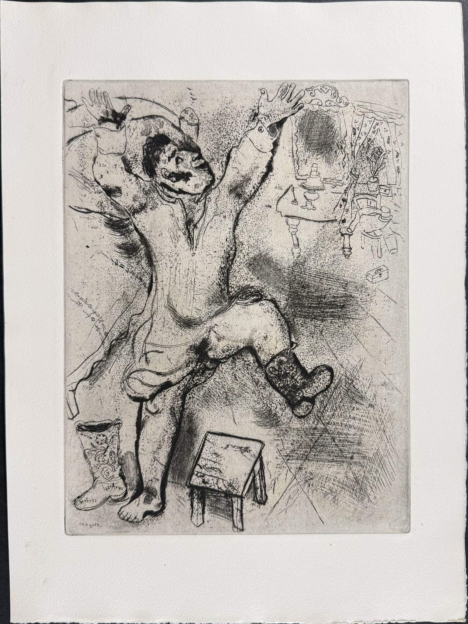 Chagall - Chichikov Triumphs in a Shirt - Tchitchikov Triomphe en Chemise: This beautifully illustrated, original etching by Marc Chagall was part of Nikolai Gogol's Les Ames Mortes. The work was published in Paris by Teriade in 1948. This was a limited edition of 368