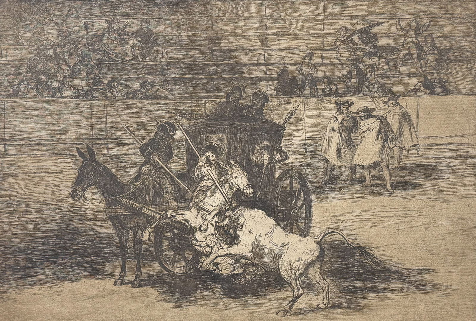 Goya - Funcion de Mojiganga: This remarkable folio bull-fighting engraving is from Francisco Goya's La Tauromaquia. The work was published in 1921 by Circulo de Bellas Artes and limited to 200 copies. This is the fifth edition