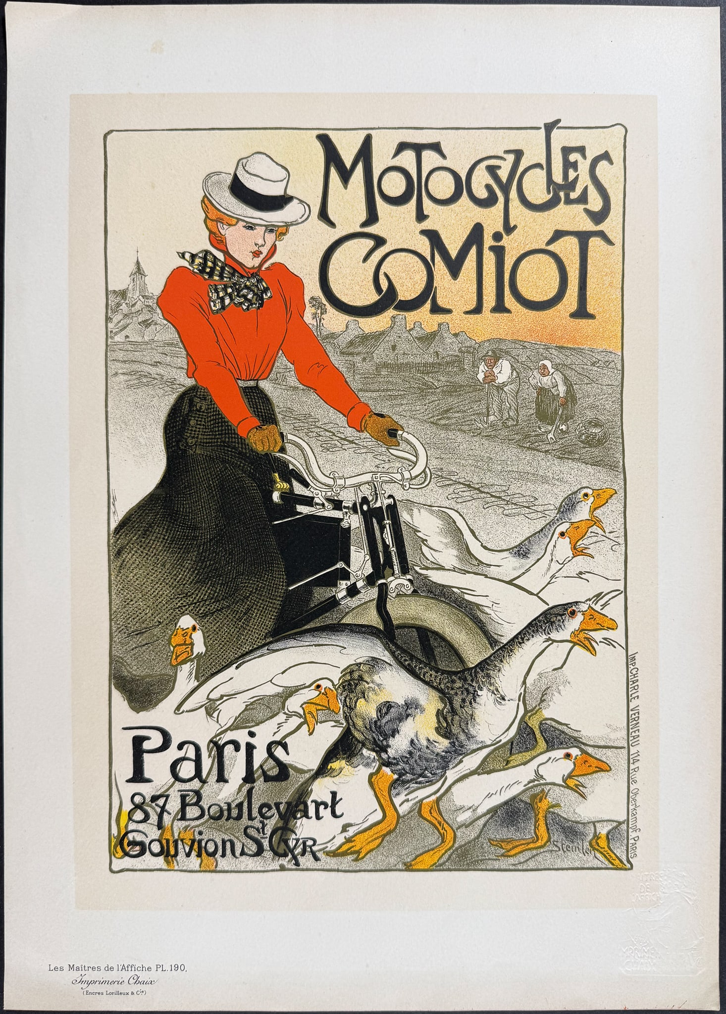 Maitres Affiches by Steinlen - Motocycles Comiot: This first edition, folio lithograph after a poster is from Les Maitres de l'Affiche. The work was published by Imprimerie Chaix under the direction of Jules Cheret in Paris between 1896 and 1900. The