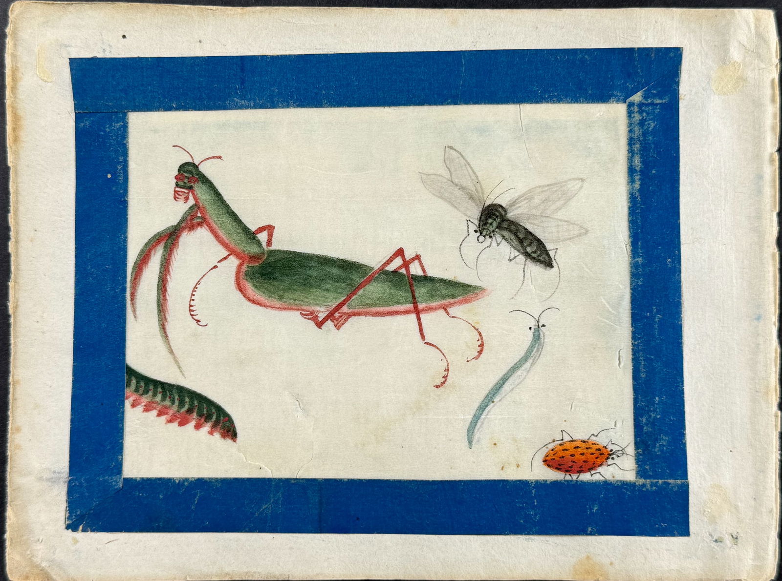 Original Chinese Watercolor of Praying Mantis, Flying Insect, Ladybug, Caterpillar: This is richly colored original painting with blue ribbon border. It was completed in China in the 1800s. Paper Size: ~ 8? by 6? Paper Type or Special Features: Original Painting