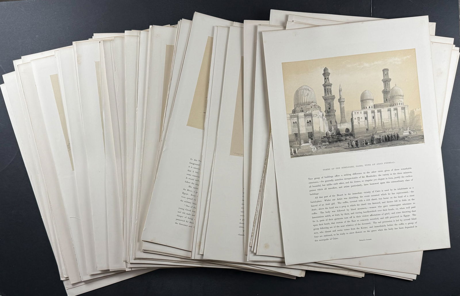 David Roberts - Large Lot of 100 Lithographs from Holy Land, Syria, Idumea, Arabia, Egypt, & Nubia: David Roberts' most famous work, Holy Land, Syria, Idumea, Arabia, Egypt, & Nubia, was published by E. G. Moon in London between 1846 and 1849. This work is known for its extremely detailed dutone lit