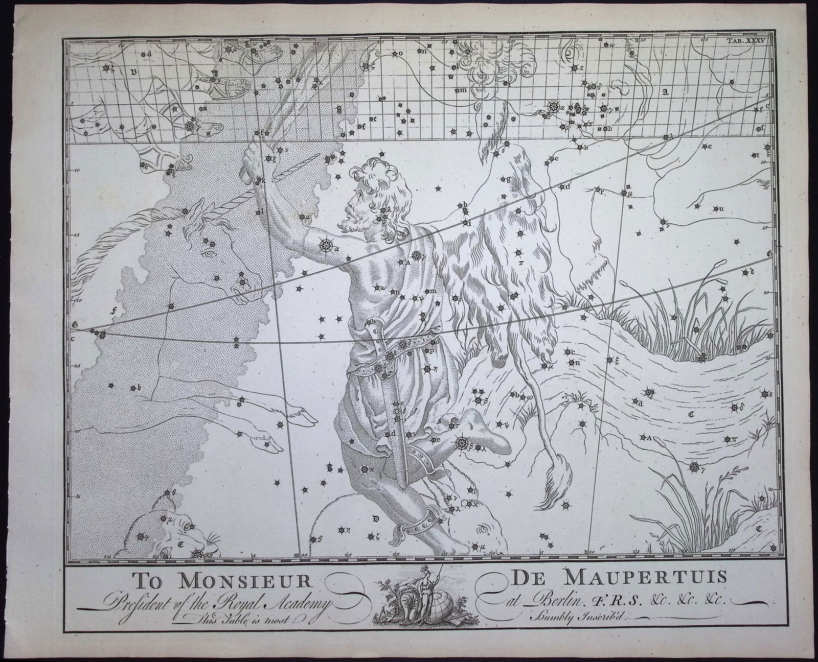 Bevis, Rare - Constellation or Star Chart with Orion, Hunter with Lion Skin: This rare constellation chart is from John Bevis's Uranographia; or the Celestial Atlas. It was published between 1747 and 1786 in London by John Neale. This engraving is from Bevis's "unpublished" st