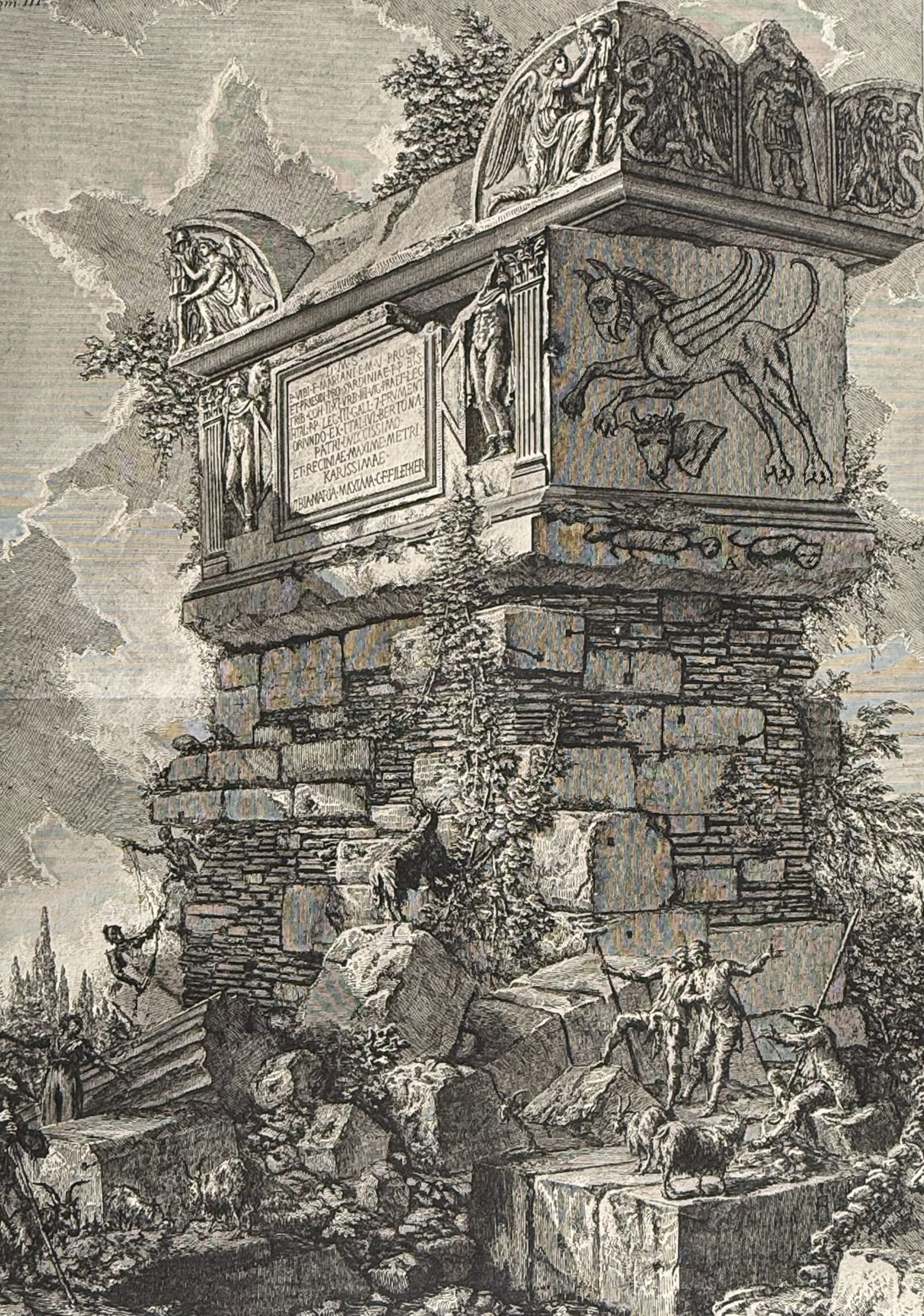 Piranesi, Folio - Sepolero di P. Vibio: This outstanding folio etching is from Giovanni Battista Piranesi's Le Antichita Romane. The work was published in Rome by Stamperia Salomoni circa 1780. The work depicted archaeological sites, sepulc