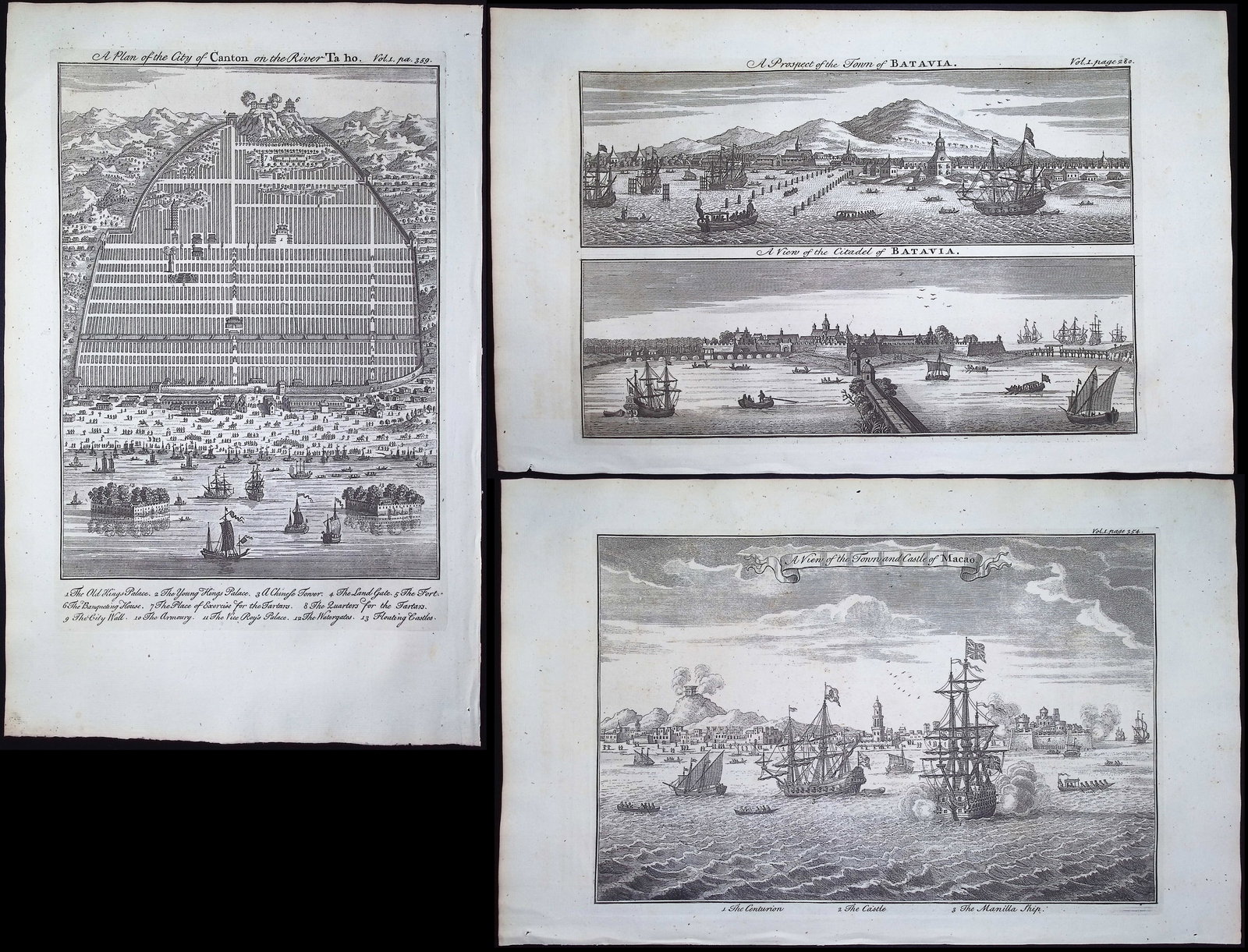 Harris - 4 Engravings of Views in Asia (Canton, Batavia, Macao (China): This fascinating engraving is from John Harris's Navigantium atque Itinerantium Bibliotheca. Or, a Complete Collection of Voyages and Travels... The maps included in this work were mostly completed by