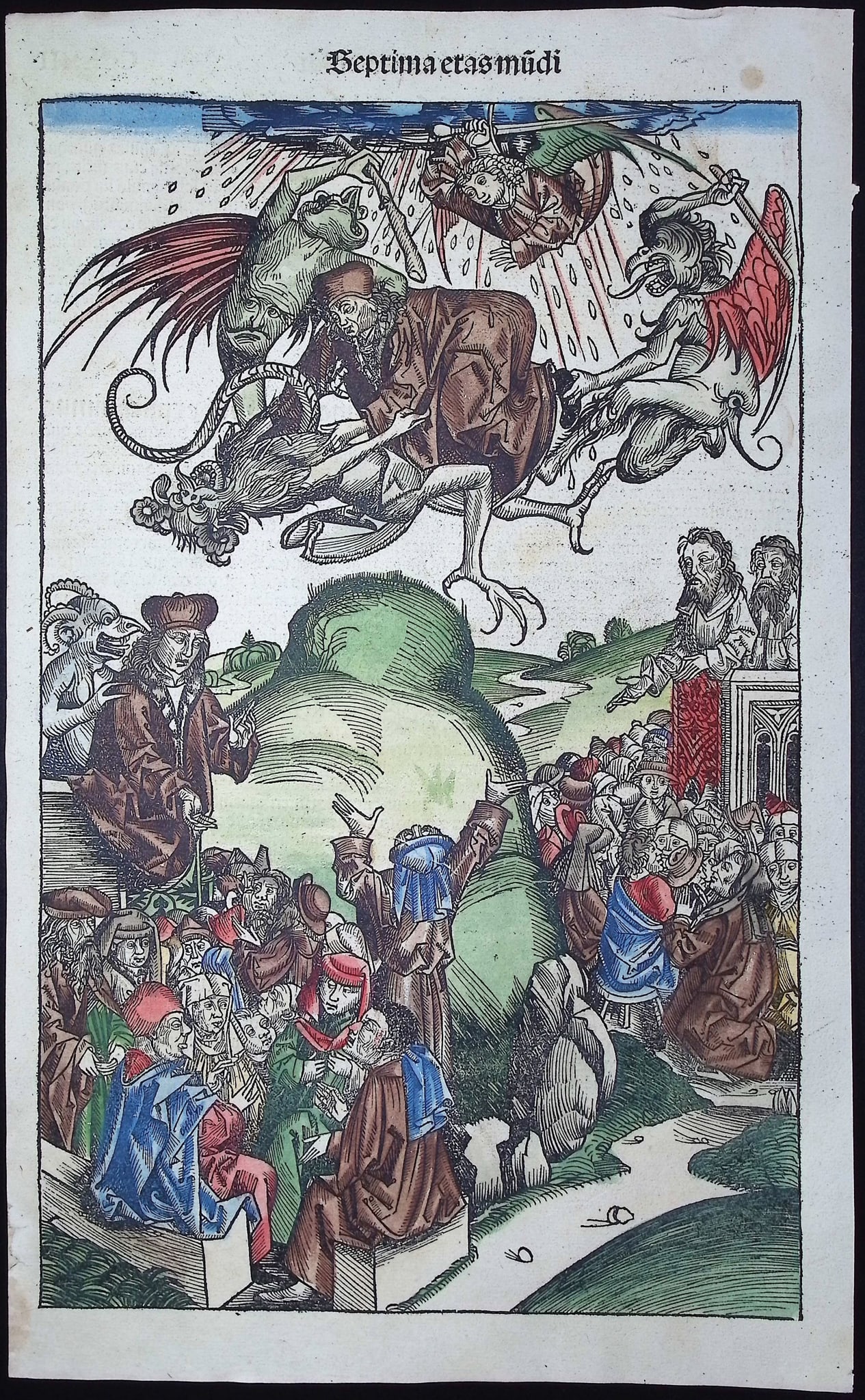Schedel, pub. 1493 - Depiction of Armageddon, Apocalypse, Antichrist (Septima etas mudi): This important and historic engraving is from Hartmann Schedel Liber Chronicarum, more commonly known as the Nuremberg Chronicle. This is the first edition / printing of the work. It is the Latin edit