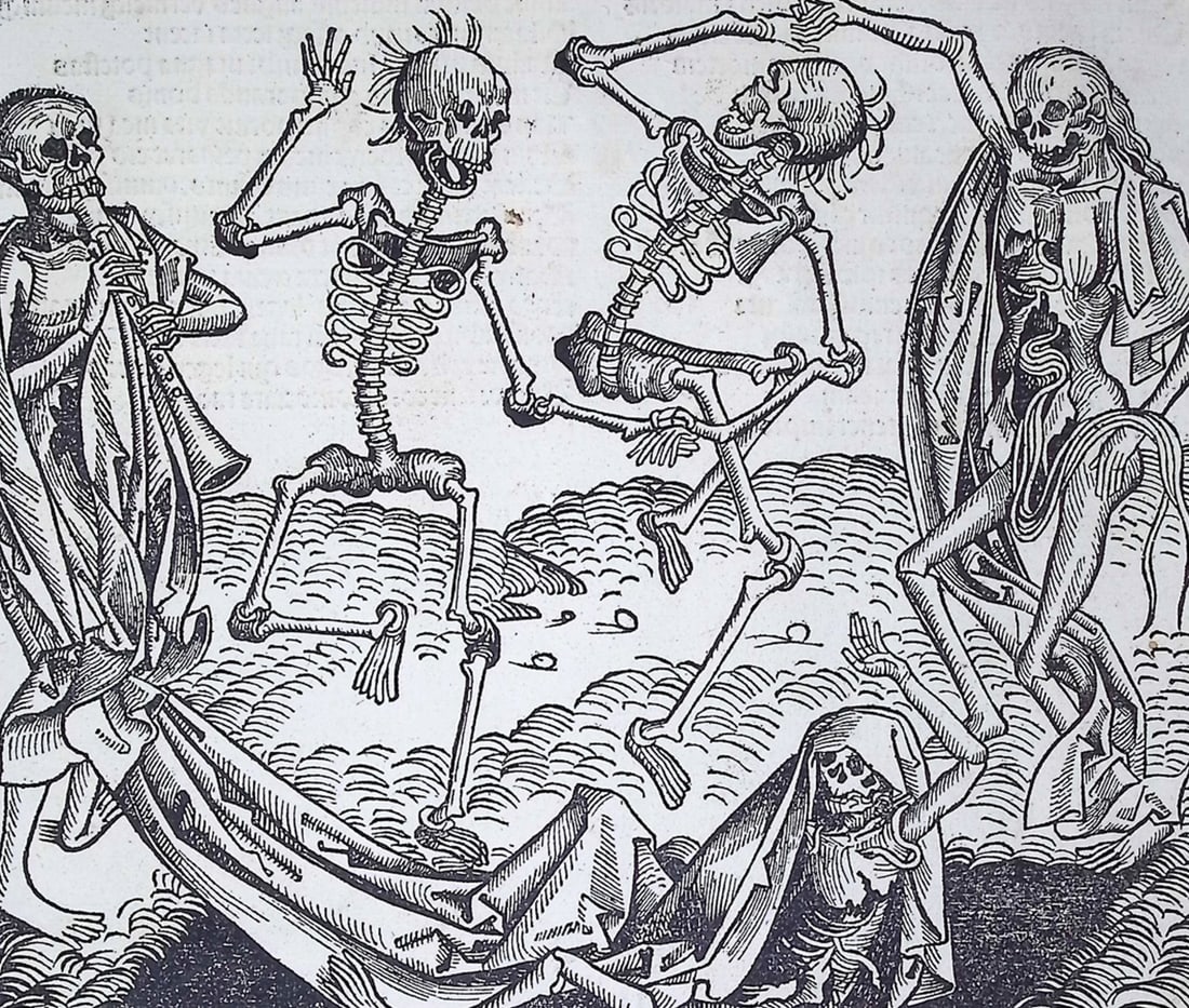 Schedel, pub. 1493 - Dance of Death (Danse Macabre) (Imago mortis): This important and historic engraving is from Hartmann Schedel Liber Chronicarum, more commonly known as the Nuremberg Chronicle. This is the first edition / printing of the work. It is the Latin edit