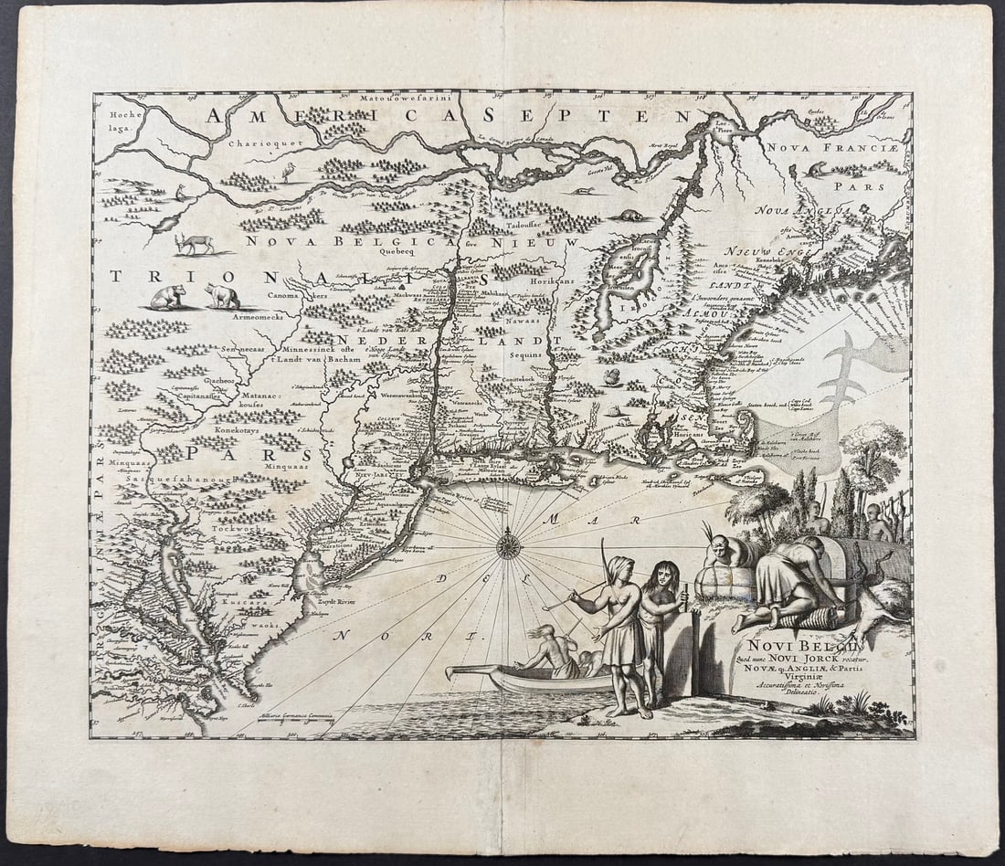 Montanus - Map of Northeast North America from St. Laurence to New England to Chesapeake (Centered: This first edition, early Americana engraving is from Arnoldus Montanus's De Nieuwe en Onbekende Weereld (Dutch) or The New and Unknown World (English). The work was published in Amsterdam in 1671
