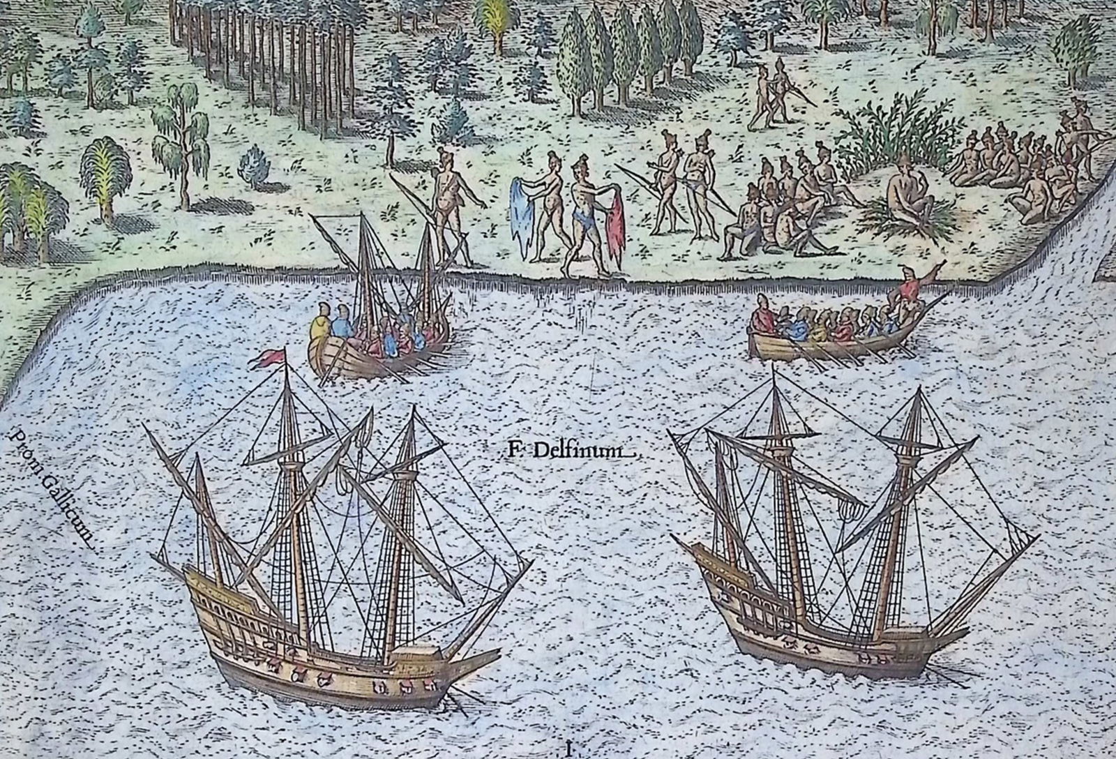 De Bry - Florida - The promontory where the French landed, called by them the French promontory: This significant, historic engraving is from Theodor de Bry & Jacques Le Moyne's Brevis Narratio eorum quae in florida Americae provi[n]cia Gallis acciderunt ... quae est seconda pars Americae. It