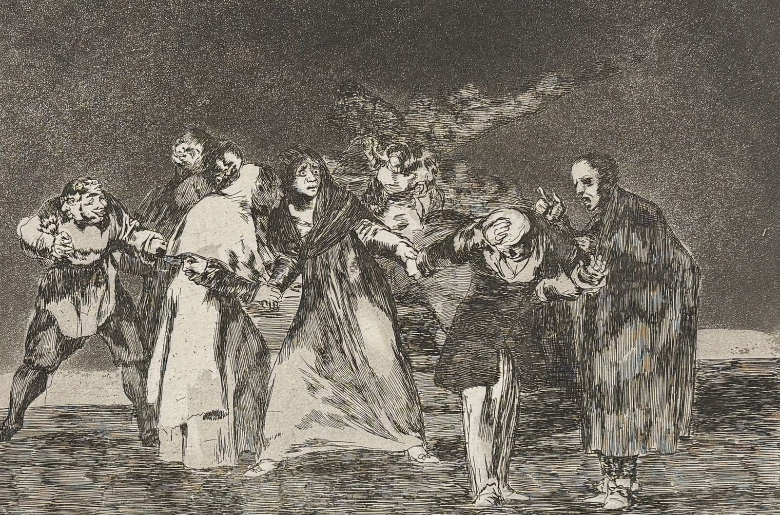 Goya - Sanan Cuchilladas mas no Mmalas Palabras [Wounds heal quicker than hasty words]: This rare, aquatint engraving is from Francisco Goya's Los Proverbios. Colecci?n de diez y ocho l?minas inventadas y grabadas al agua fuerte. It is from the second edition of the work published in