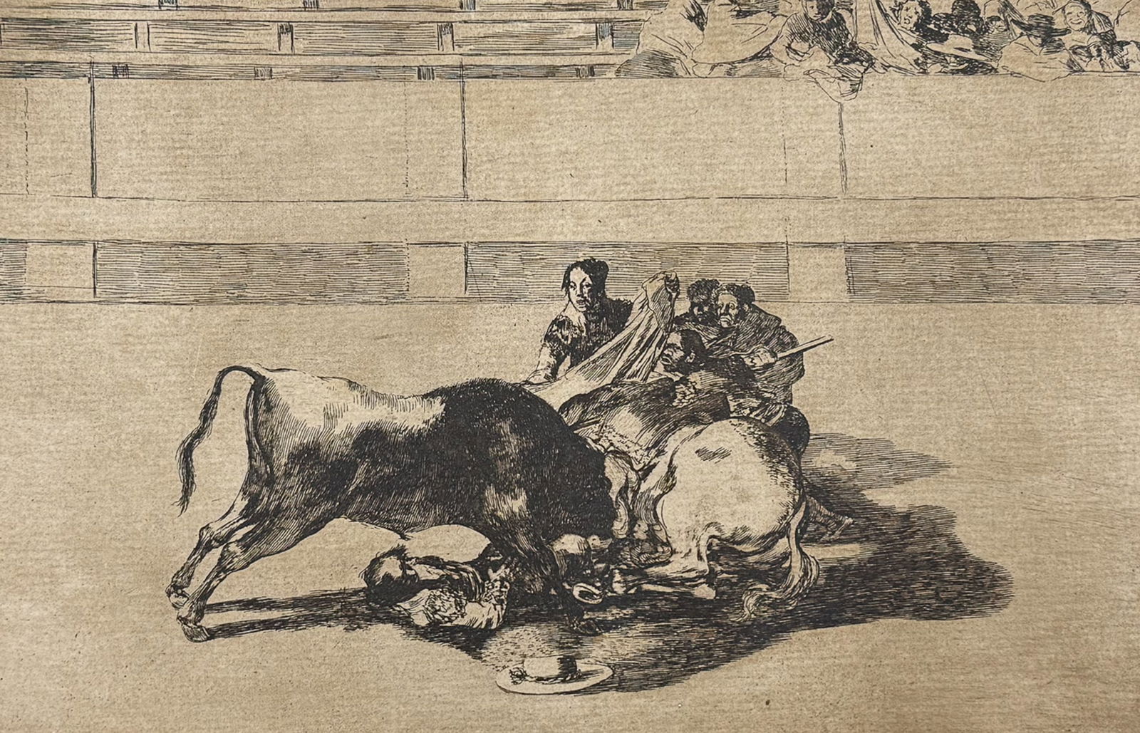 Goya - Caida de un Picador de su Caballo Debajo del Toro: This remarkable folio bull-fighting engraving is from Francisco Goya's La Tauromaquia. The work was published in 1921 by Circulo de Bellas Artes and limited to 200 copies. This is the fifth edition