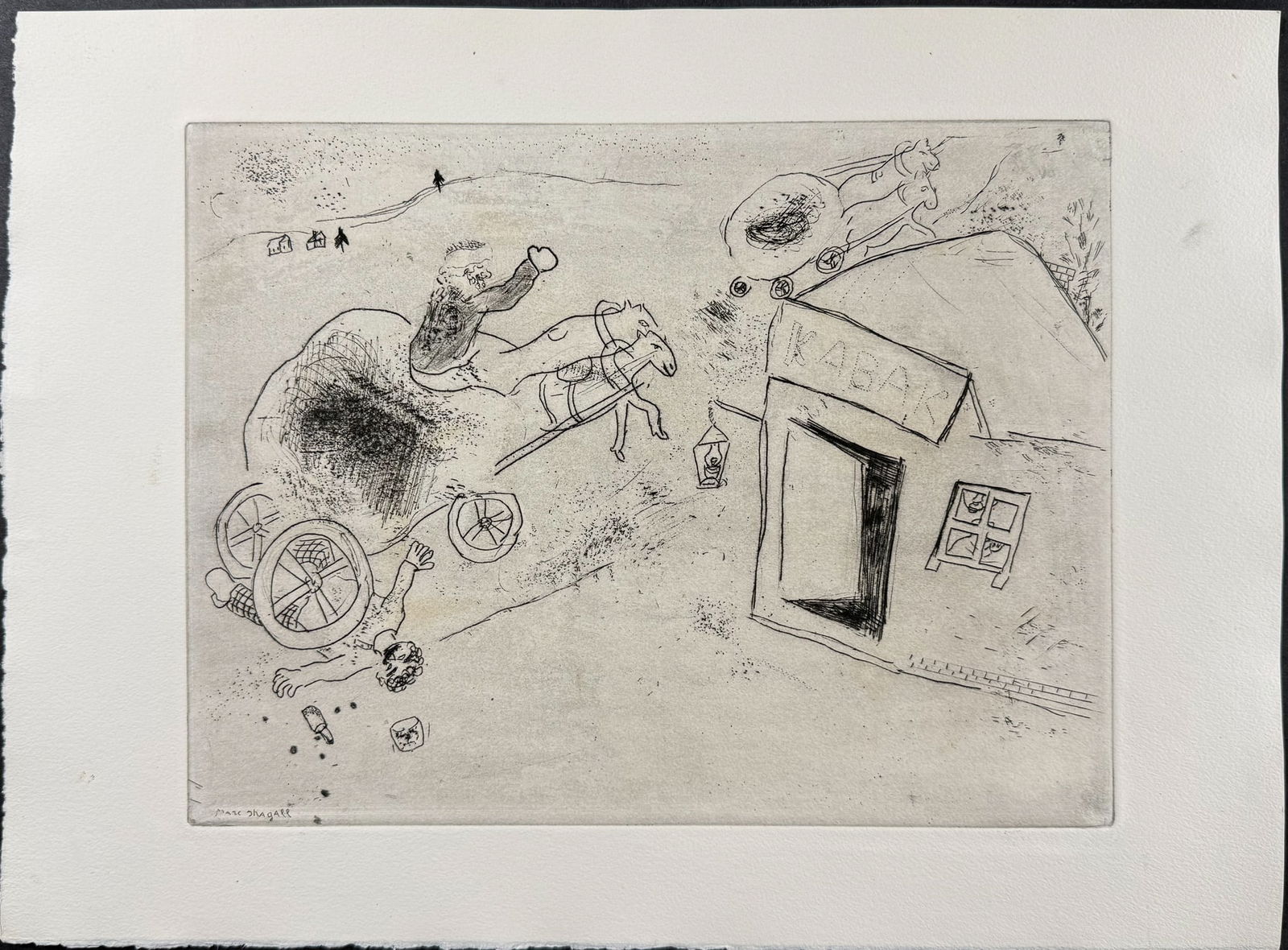 Chagall - Death of Put-Your-Feet-in-The-Plate - Mort de Mets-les-Pieds-dans-le-Plat: This beautifully illustrated, original etching by Marc Chagall was part of Nikolai Gogol's Les Ames Mortes. The work was published in Paris by Teriade in 1948. This was a limited edition of 368 copies