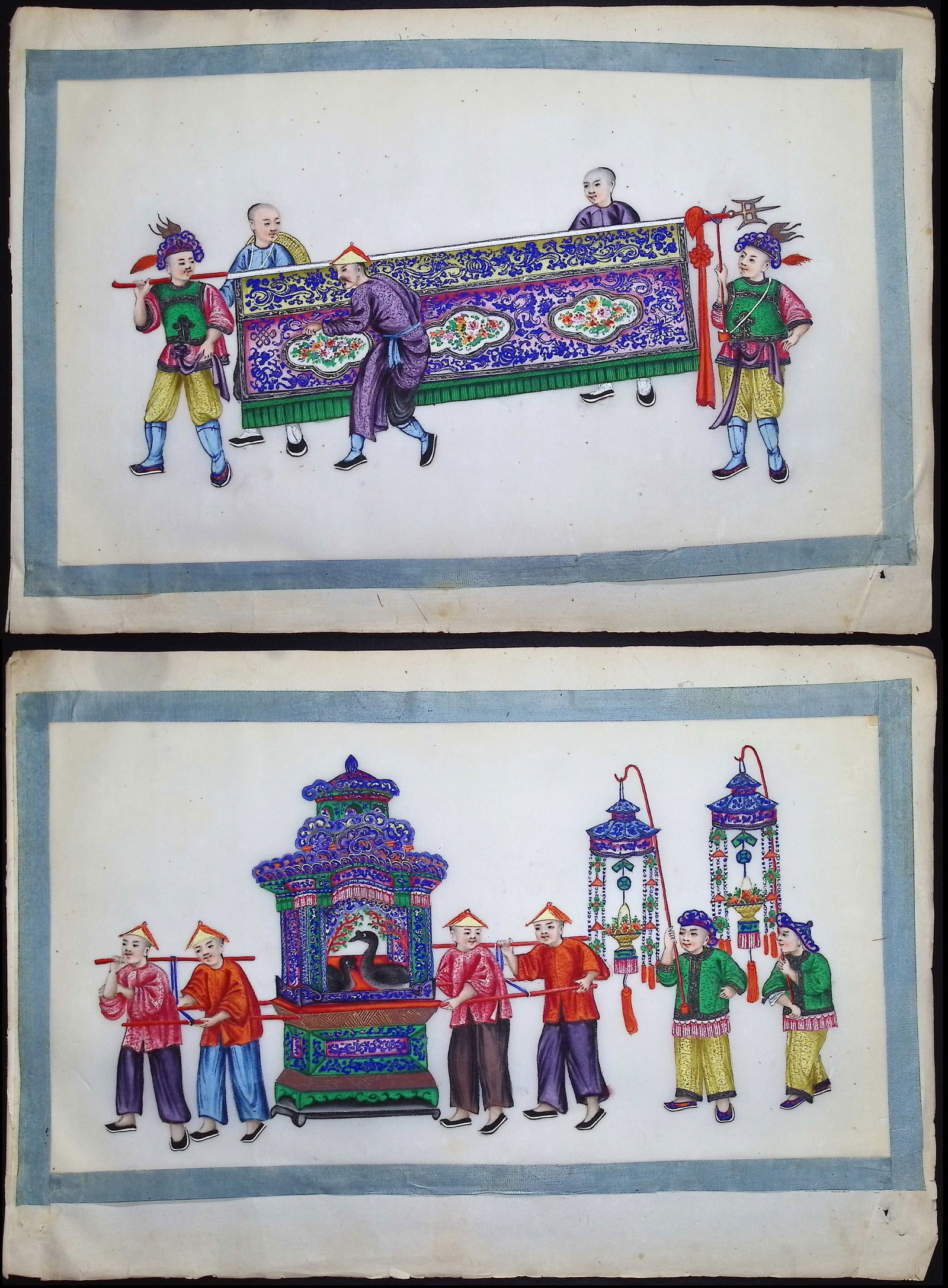 4 Original Chinese Watercolors of People & Customs: This is richly colored original painting with blue ribbon border. It was completed in China in the 1800s. Paper Size: ~ 14? by 9 1/2? Paper Type or Special Features: Original Painting