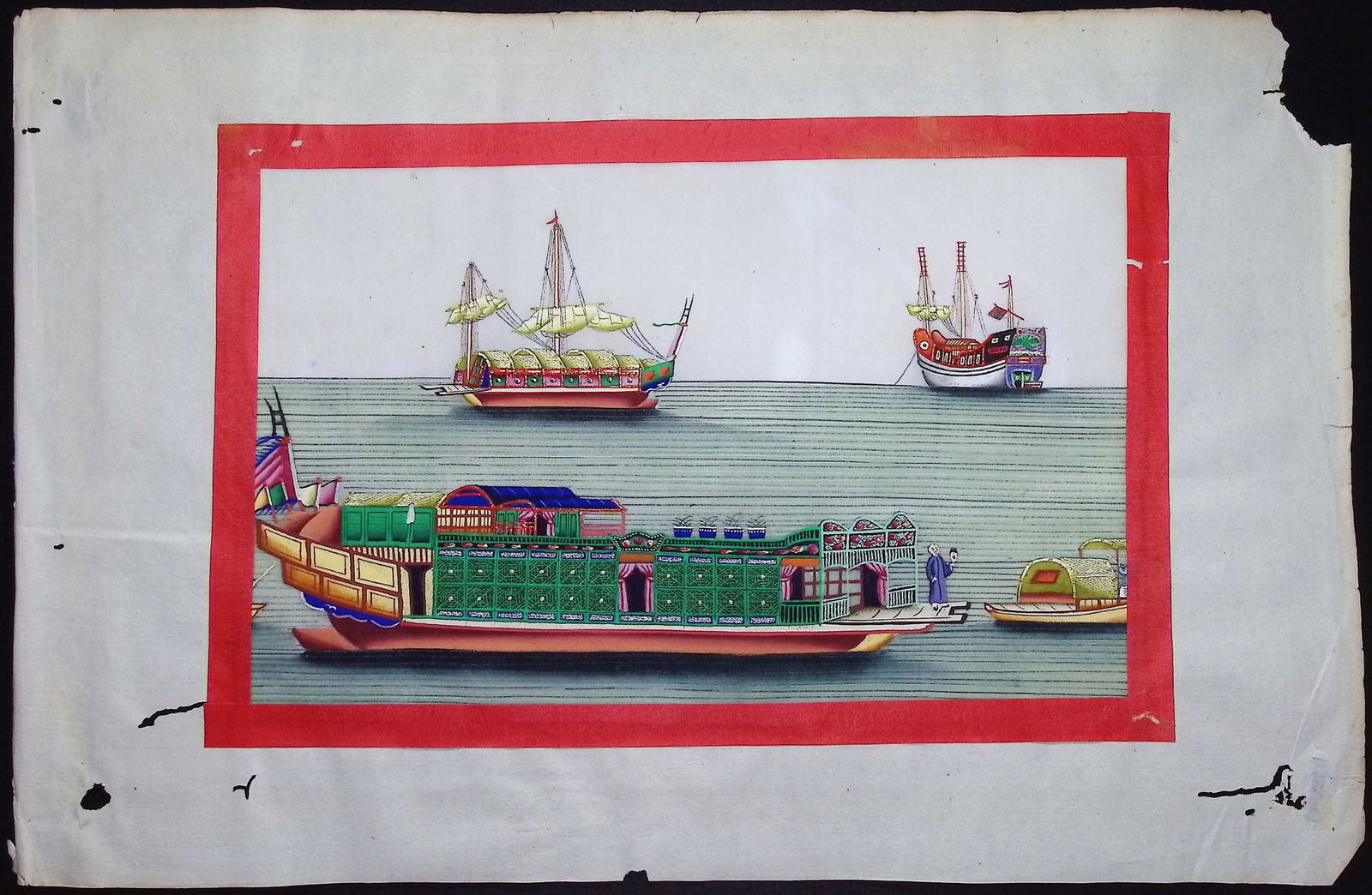 Original Chinese Watercolor of Boats or Junks: This is richly colored original painting with blue ribbon border. It was completed in China in the 1800s. Paper Size: ~ 14 1/2? by 9 1/2? Paper Type or Special Features: Original Painting