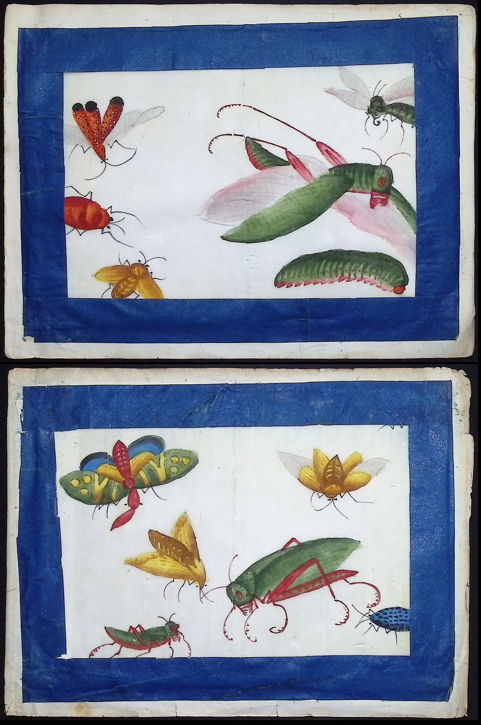 4 Original Chinese Watercolors of Insects: This is richly colored original painting with blue ribbon border. It was completed in China in the 1800s. Paper Size: ~ 8? by 6? Paper Type or Special Features: Original Painting