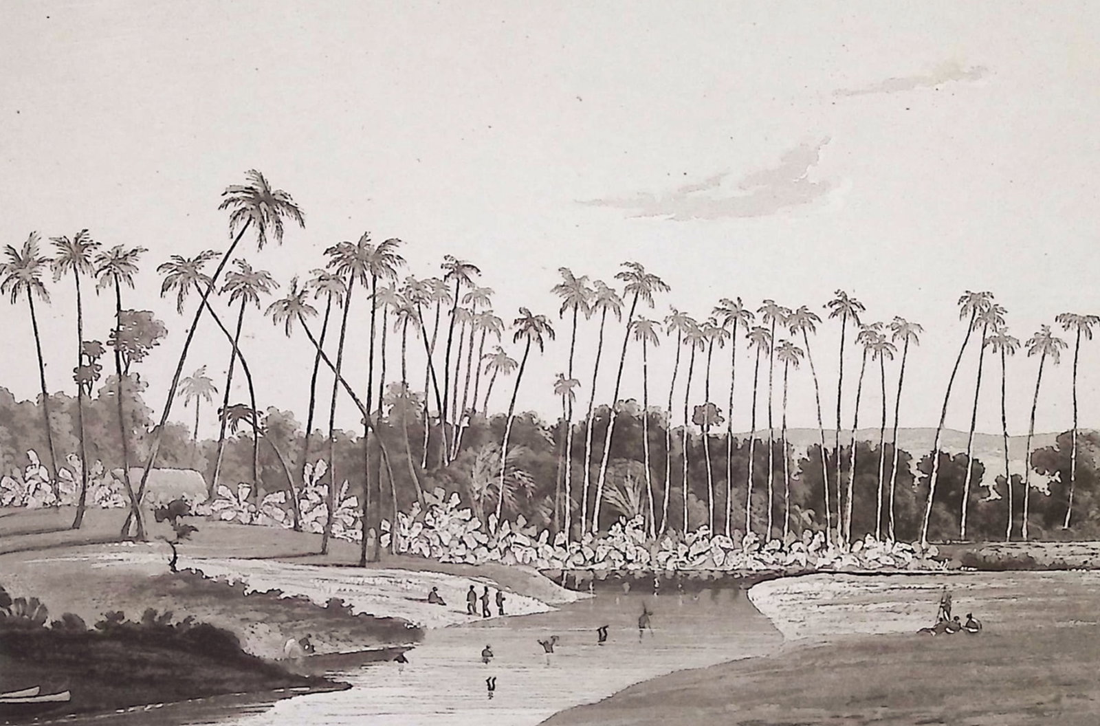 Byron, Hawaii - Waikeea River in Byron Bay: This first edition engraving is from George Anson Byron's Voyage of H.M.S. Blonde to the Sandwich Islands, in the Years 1824-1825. The work was published in London by John Murray in 1826. The work was