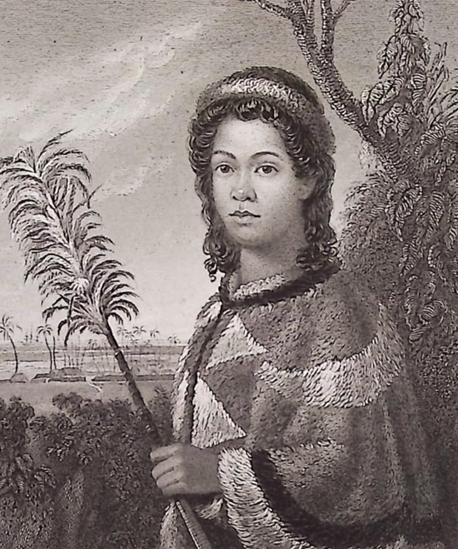 Byron, Hawaii - Naheinaheina, Princess of the Sandwich Islands: This first edition engraving is from George Anson Byron's Voyage of H.M.S. Blonde to the Sandwich Islands, in the Years 1824-1825. The work was published in London by John Murray in 1826. The work was