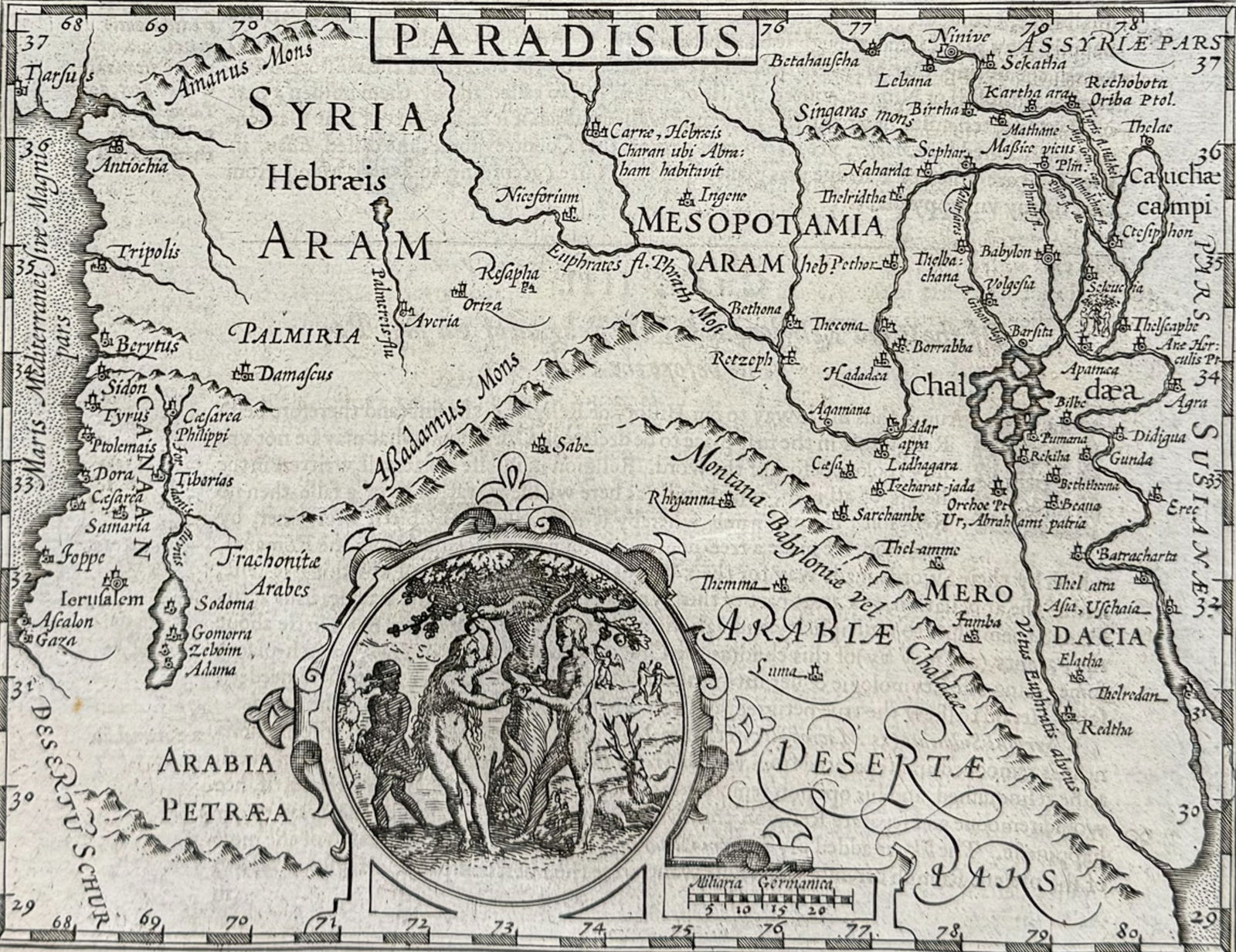 Purchas - Map of the Garden of Eden (Paradise, Holy Land) with inset of Adam & Eve, Snake & Apple: This first edition engraving is from Samuel Purchas's work entitled Hakluytus Posthumus or Purchas his Pilgrimes. The work was printed in London by William Stansby for Henrie Fetherstone between 1625