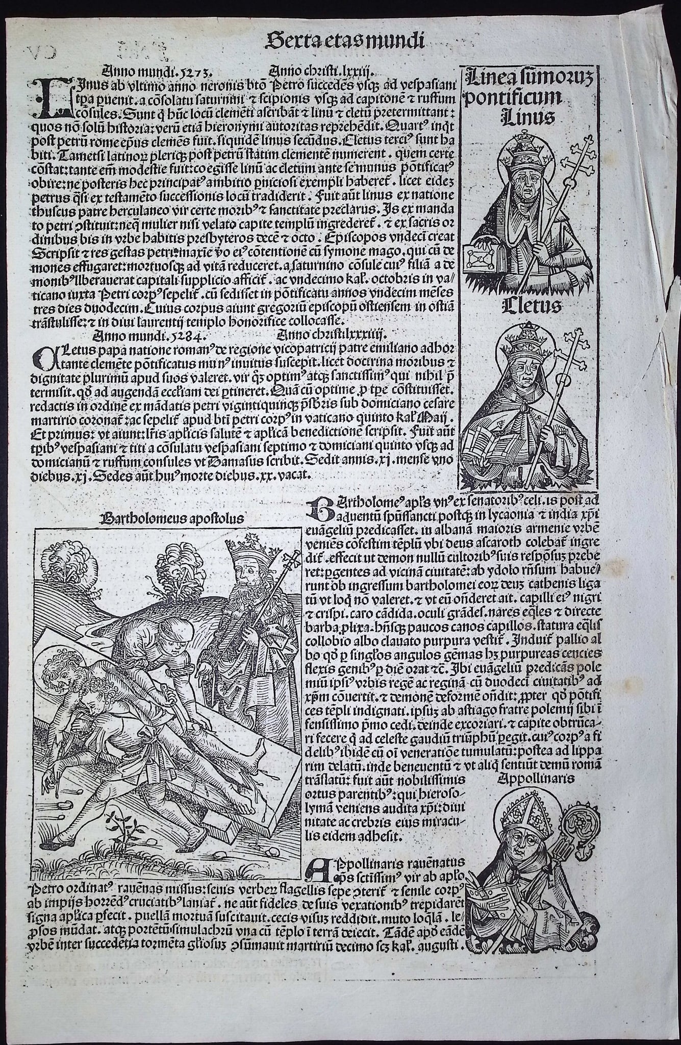 Schedel, pub. 1493 - Bartholomew the Apostle Ministry & Martyrdom, St. Linus, St. Clitus,: This important and historic engraving is from Hartmann Schedel Liber Chronicarum, more commonly known as the Nuremberg Chronicle. This is the first edition / printing of the work. It is the Latin edit