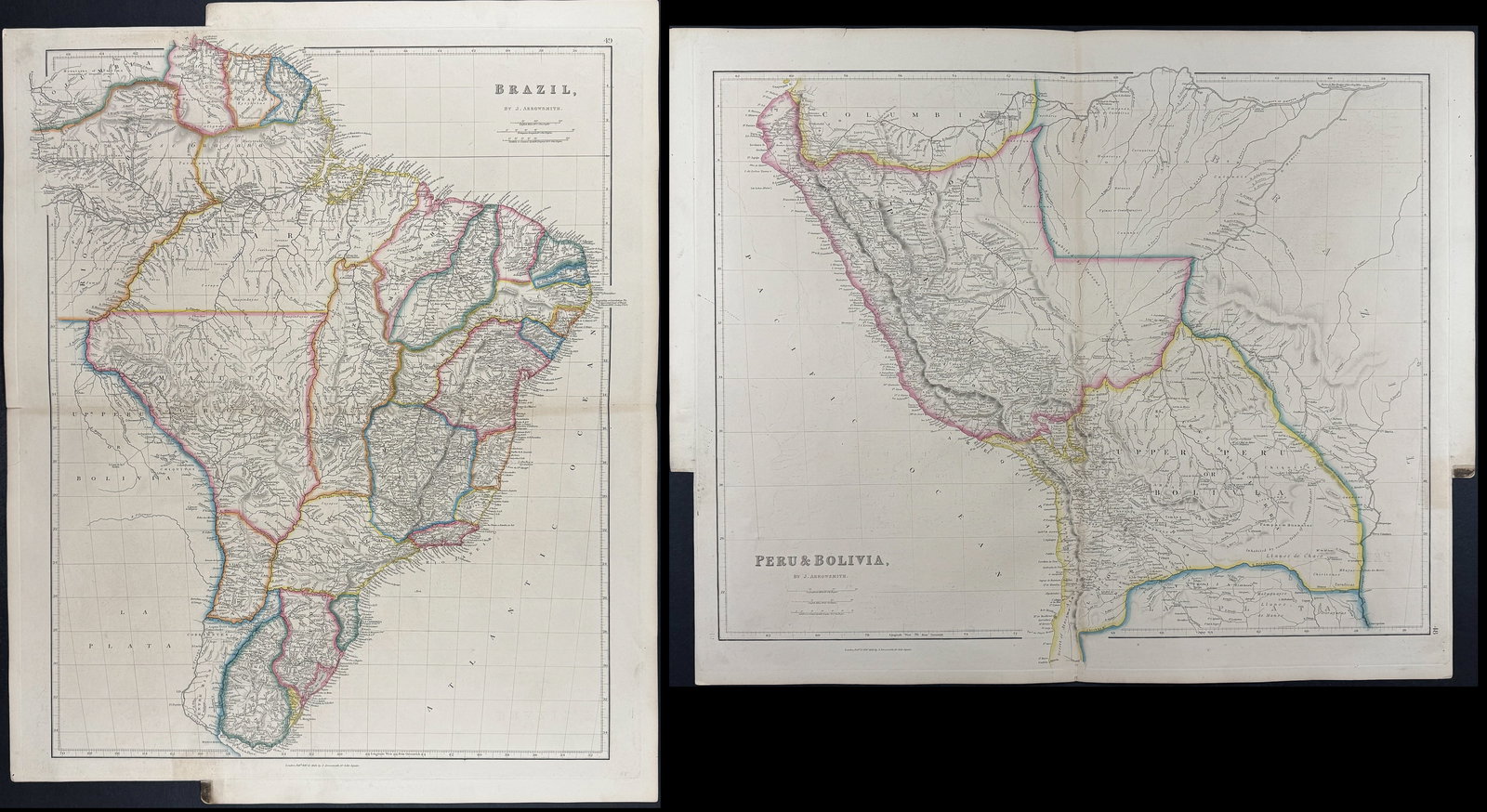 Arrowsmith - Pair of South American Maps (Peru & Brazil): This large folio engraving is from John Arrowsmith's The London Atlas of Universal Geography, exhibiting the physical & political divisions of the various countries of the world, constructed from orig