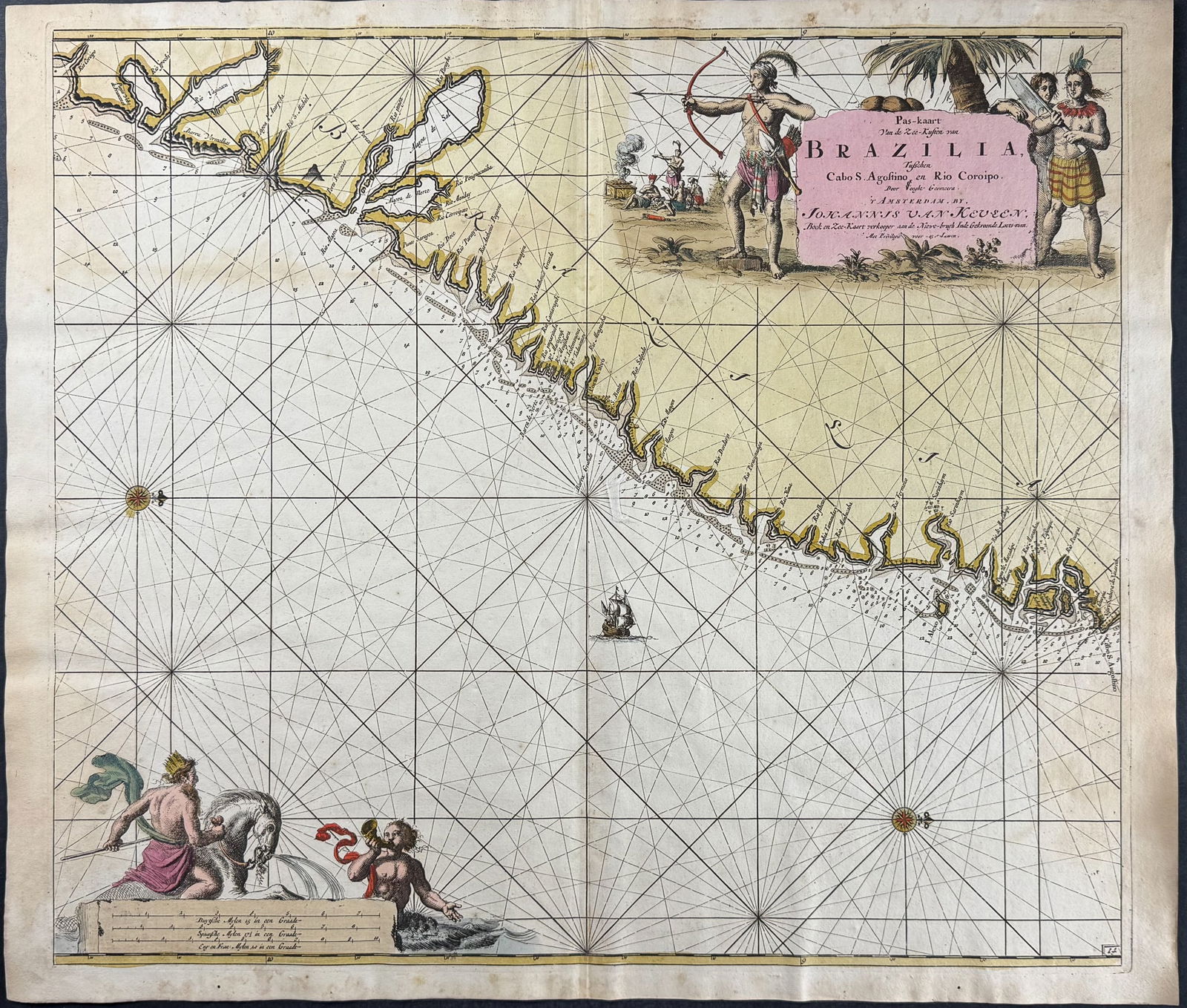 Van Keulen, Rare - Coastal Map of Brazil: This extraordinary, originally hand-colored map is from the exceedingly rare atlas from Johannes and Gerard Van Keulen entitled De Groote Nieuwe Vermeerderde Zee-Atlas ofte Water-Waerld. Vertoonende