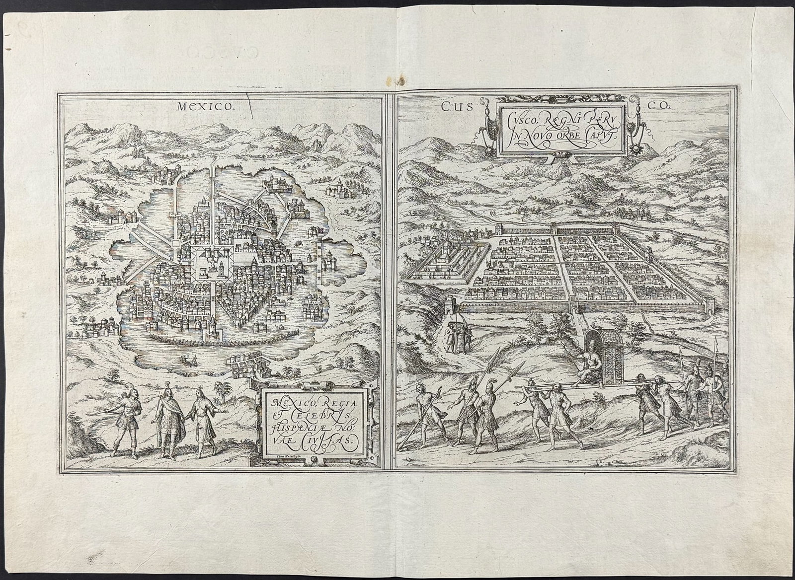 Braun & Hogenberg, pub. 1575 - View of Mexico & Cusco, Peru: This extraordinary engraving is from Georg Braun & Frans Hogenberg's Civitates Orbis Terrarum or Atlas of the Cities of the World. The work was published in Augsberg in 1575. It is considered the