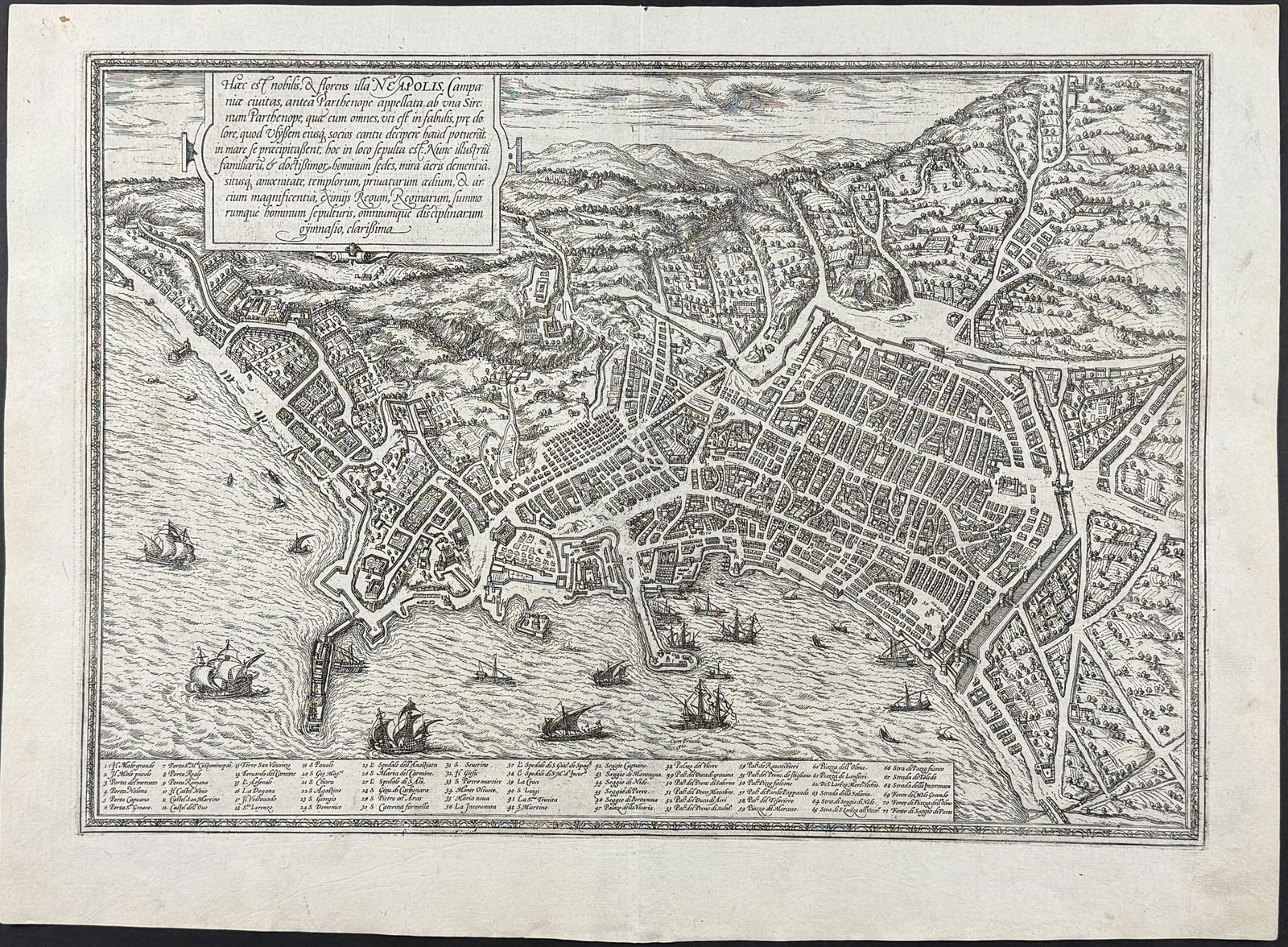 Braun & Hogenberg, pub. 1575 - View of Naples, Italy: This extraordinary engraving is from Georg Braun & Frans Hogenberg's Civitates Orbis Terrarum or Atlas of the Cities of the World. The work was published in Augsberg in 1575. It is considered the grea