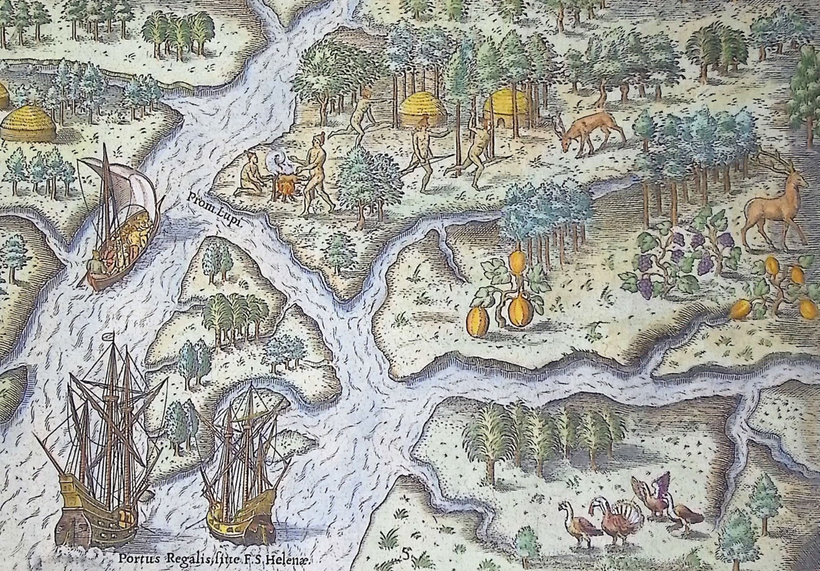 De Bry - Florida - Six other river discovered by the French: This significant, historic engraving is from Theodor de Bry & Jacques Le Moyne's Brevis Narratio eorum quae in florida Americae provi[n]cia Gallis acciderunt ... quae est seconda pars Americae. It