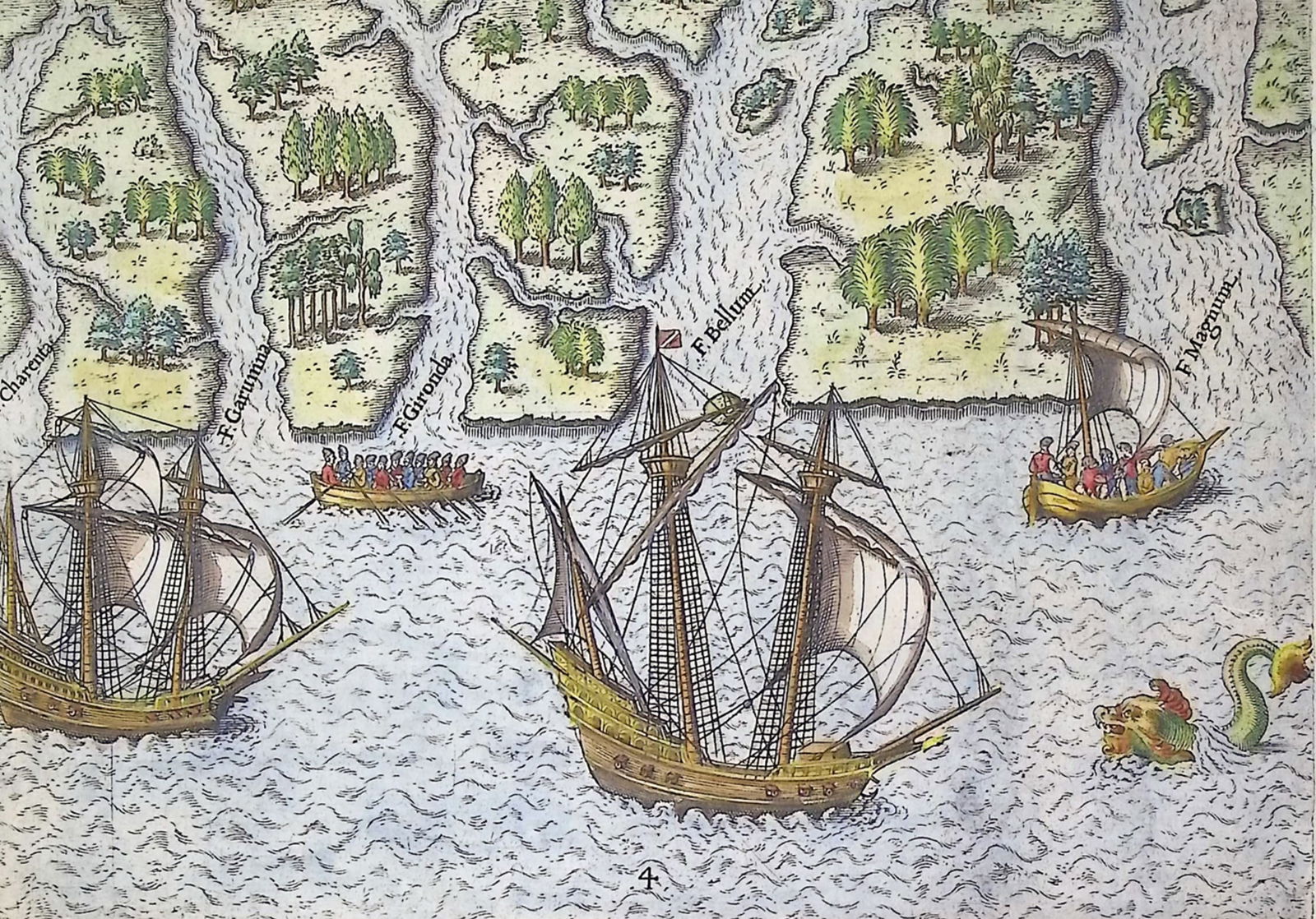 De Bry - Florida - The French reach Port Royal: This significant, historic engraving is from Theodor de Bry & Jacques Le Moyne's Brevis Narratio eorum quae in florida Americae provi[n]cia Gallis acciderunt ... quae est seconda pars Americae. It